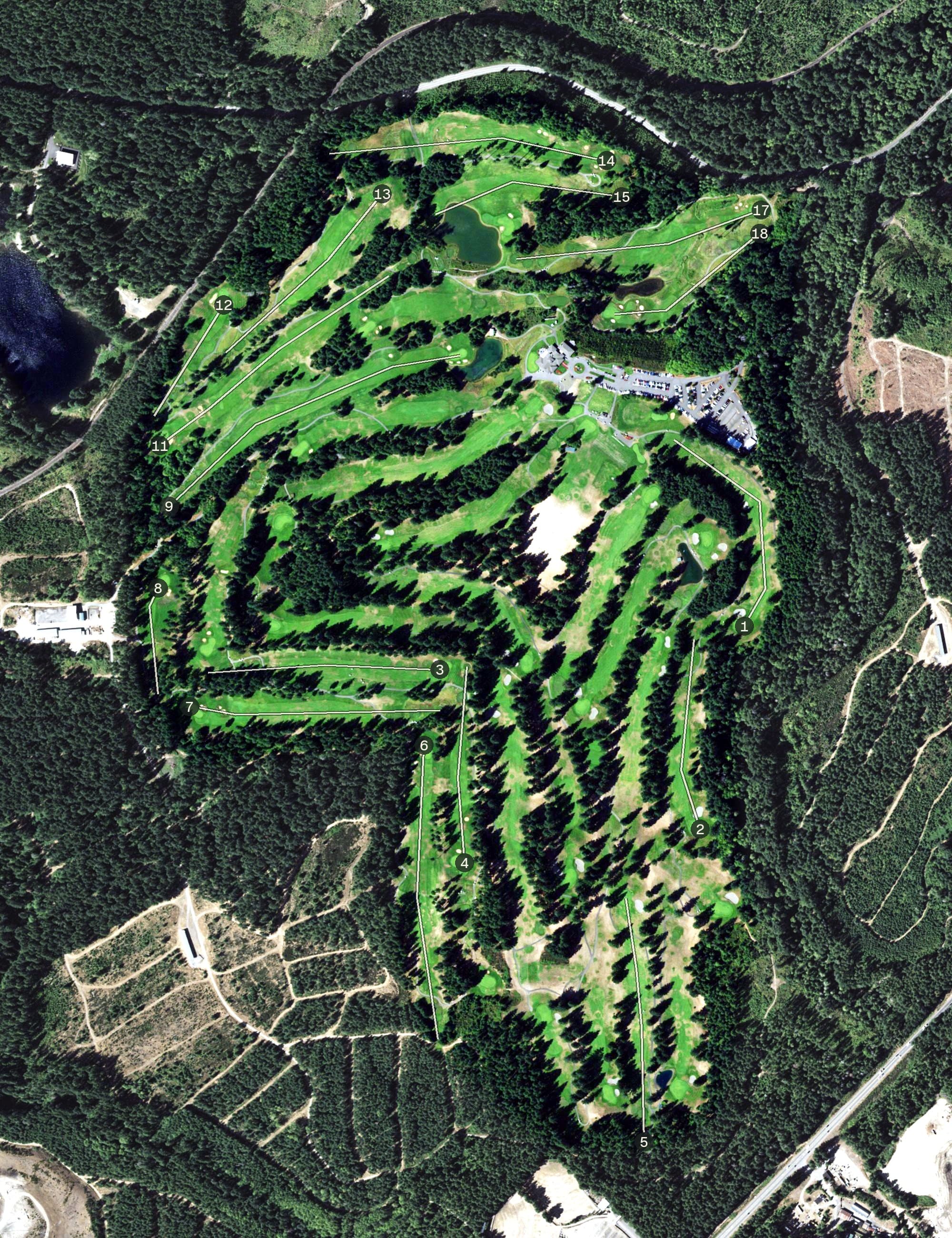 Aerial view of Gold Mountain Golf Course, WA, with its hole routing marked