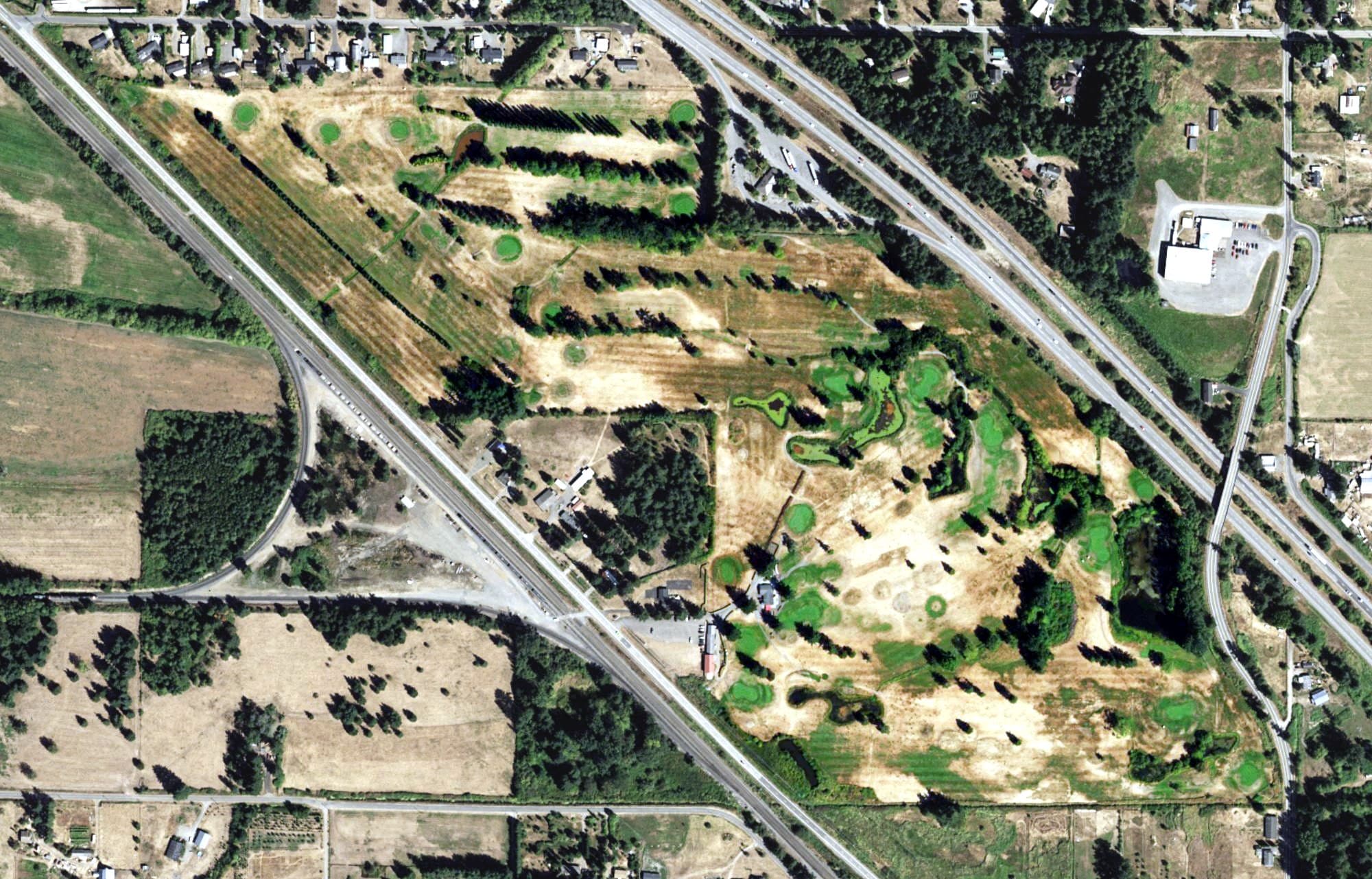 Aerial view of Grandview Golf Course, WA, with its hole routing marked