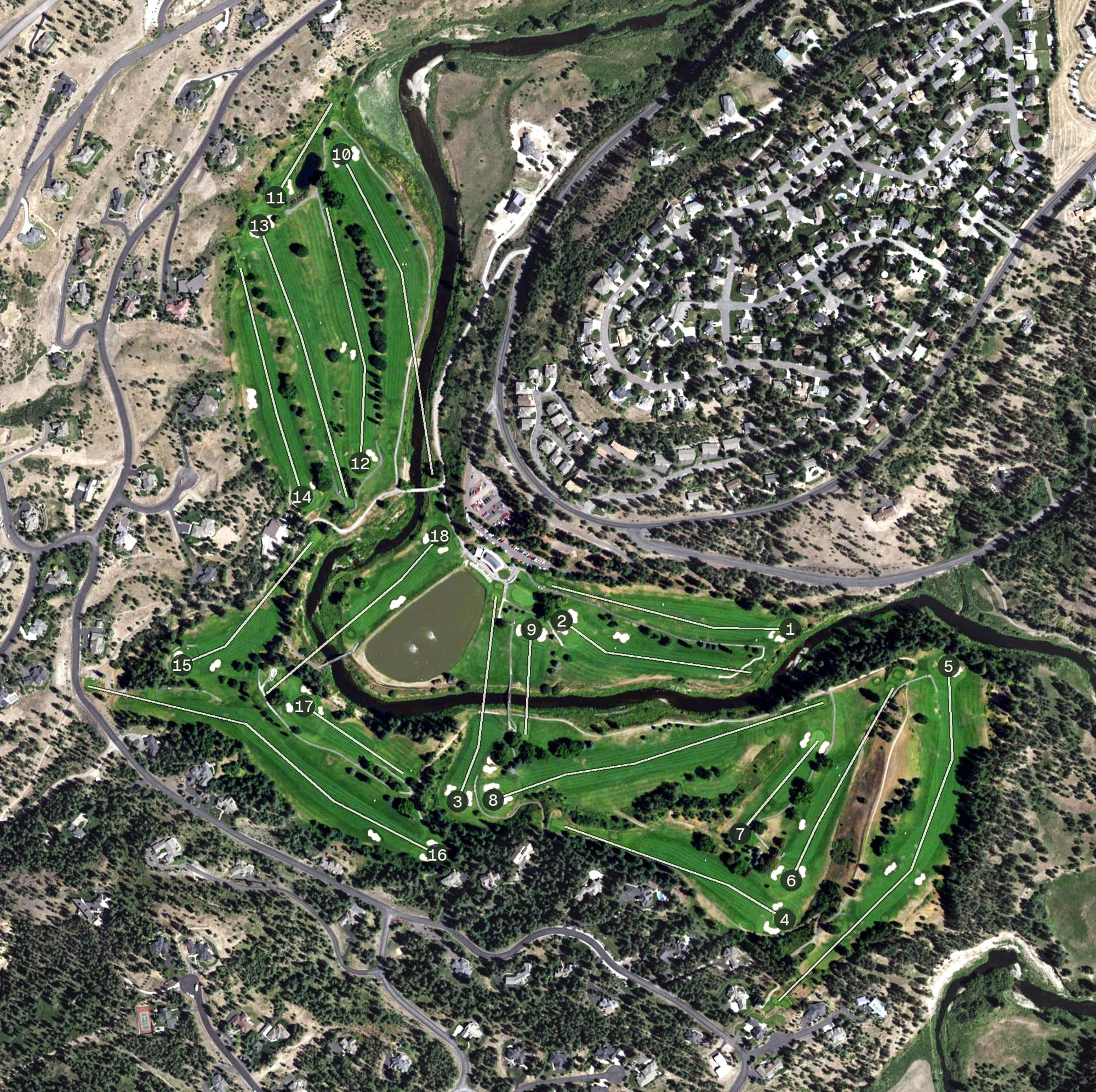 Aerial view of Hangman Valley Golf Course, WA, with its hole routing marked