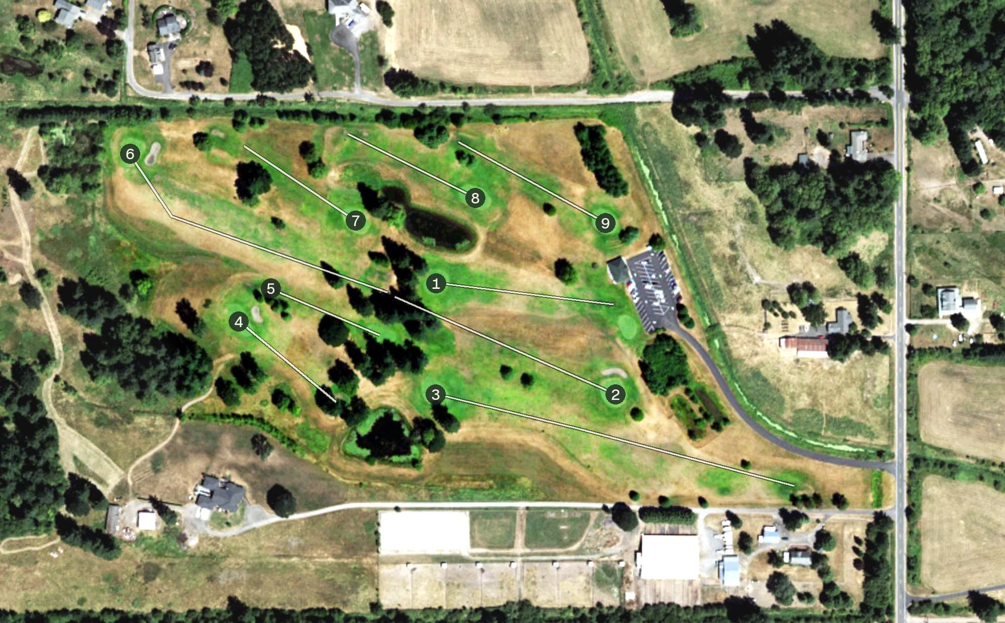 Aerial view of Hartwood Golf Course, WA, with its hole routing marked