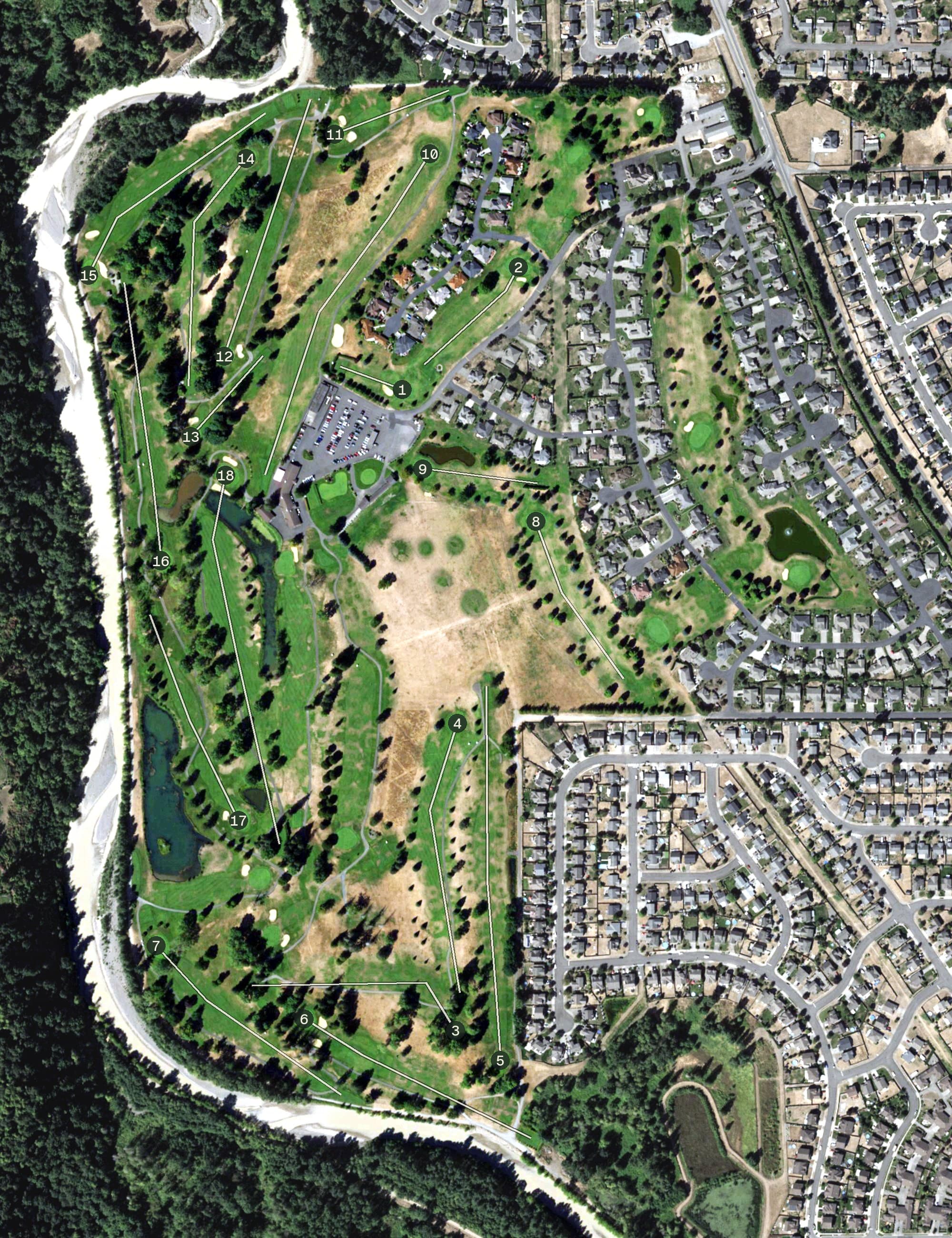 Aerial view of High Cedars Golf Club, WA, with its hole routing marked