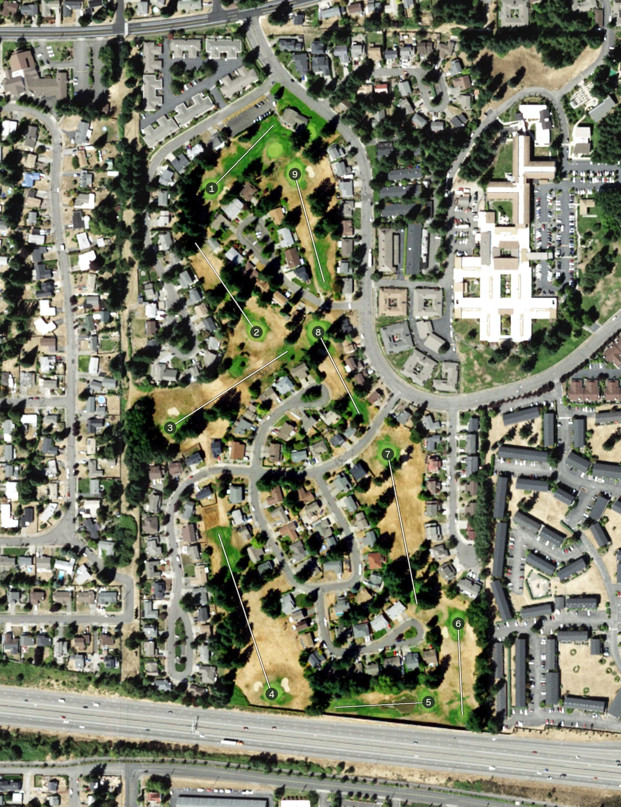 Aerial view of Highlands Golf Course, WA, with its hole routing marked