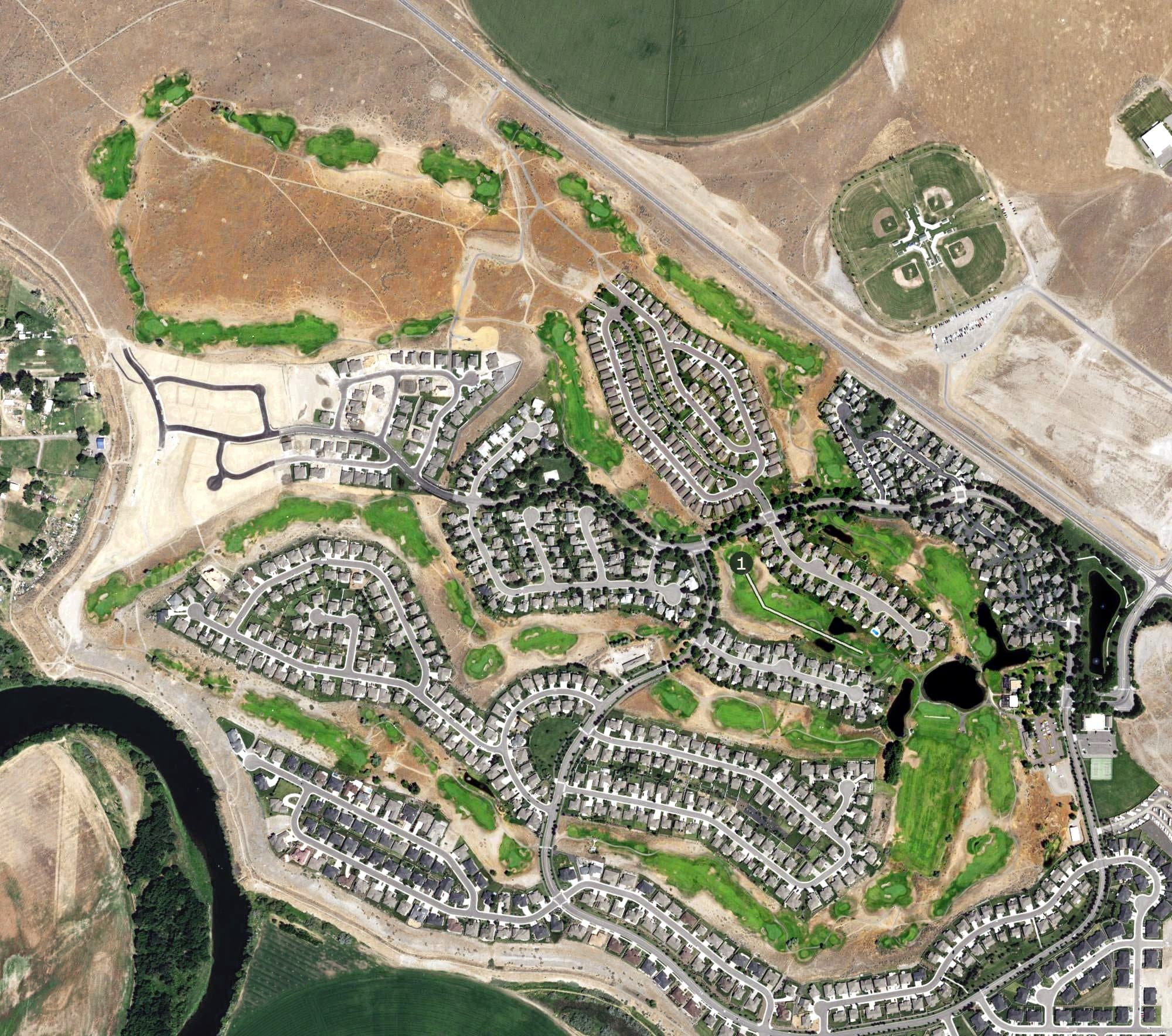 Aerial view of Horn Rapids Golf Club, WA, with its hole routing marked