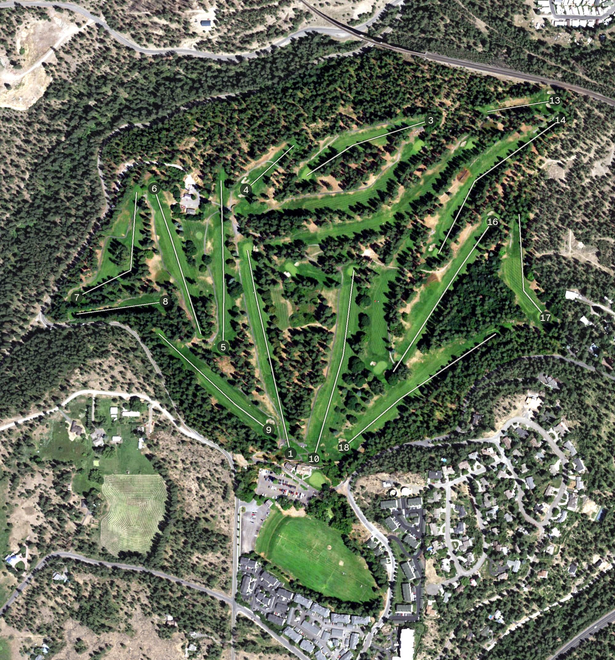 Aerial view of Indian Canyon Golf Course, WA, with its hole routing marked