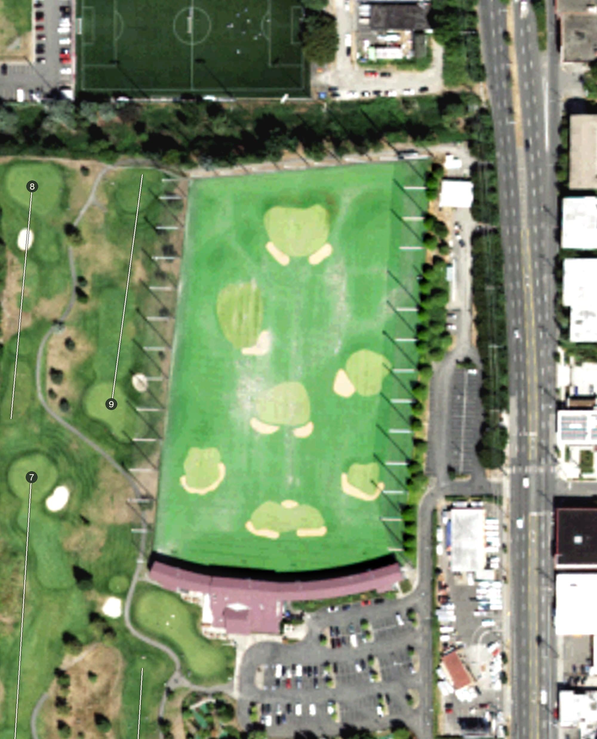 Aerial view of Interbay Family Golf Center Driving Range, WA, with its hole routing marked