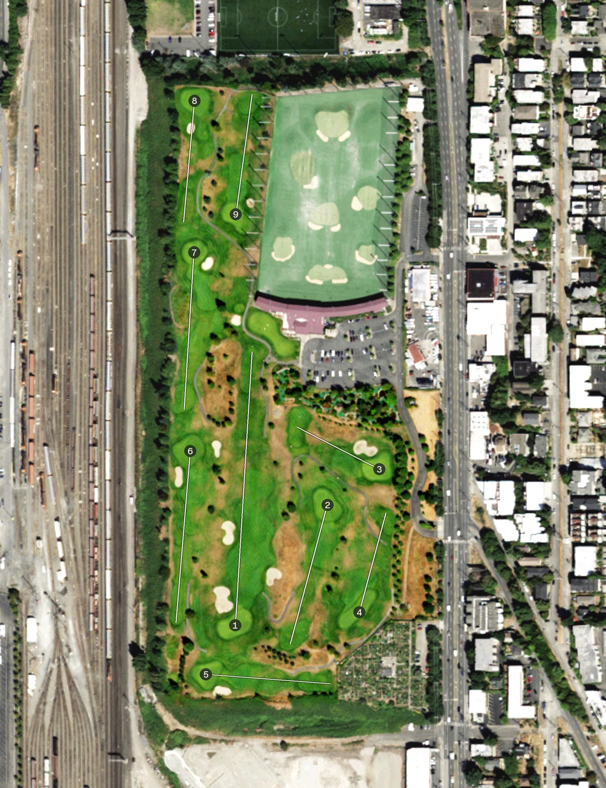 Aerial view of Interbay Family Golf Center, WA, with its hole routing marked