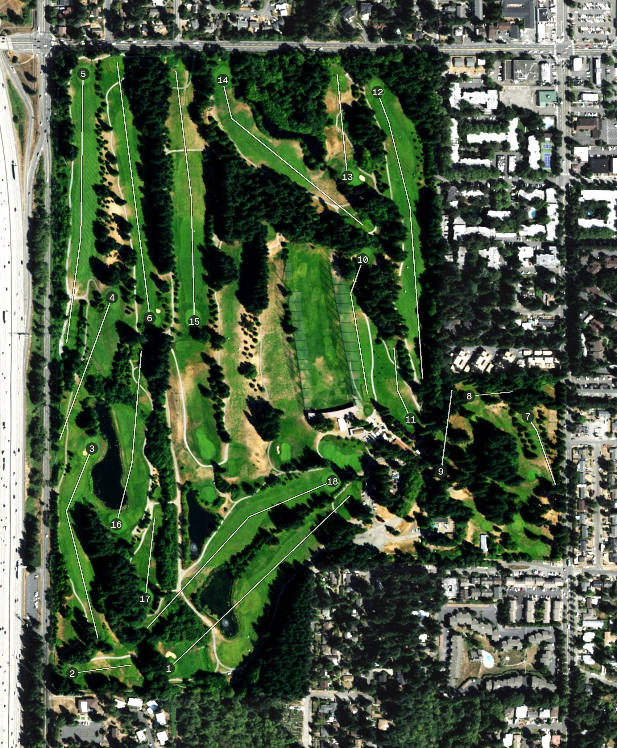Aerial view of Jackson Park Golf Course, WA, with its hole routing marked