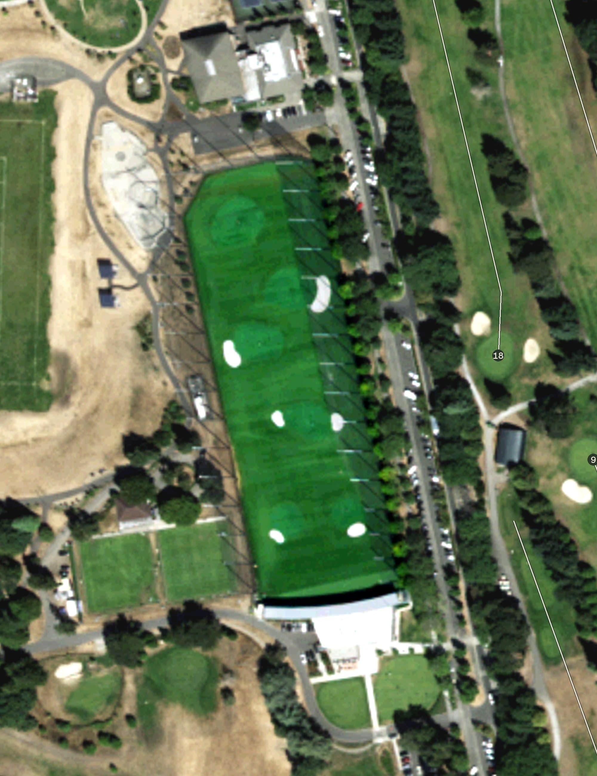 Aerial view of Jefferson Park Driving Range, WA, with its hole routing marked