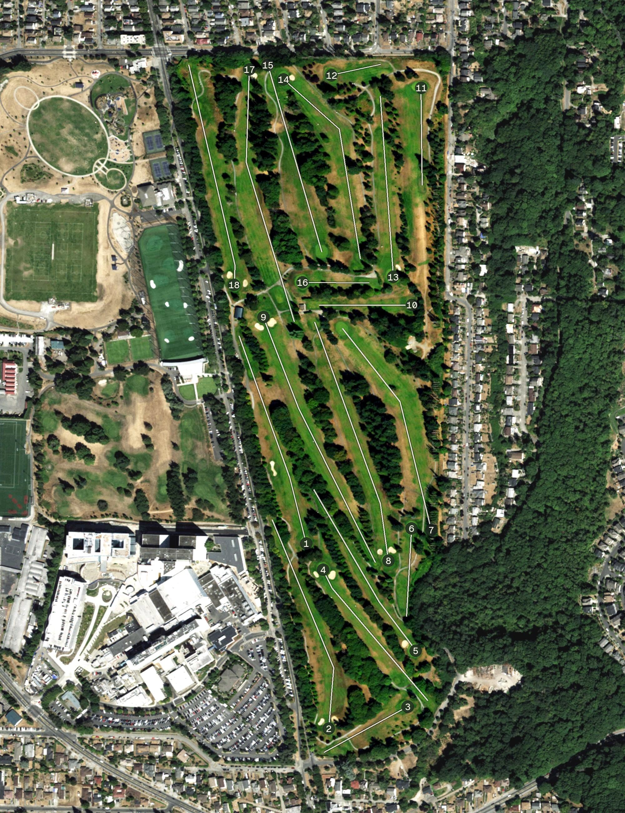 Aerial view of Jefferson Park Golf Course, WA, with its hole routing marked