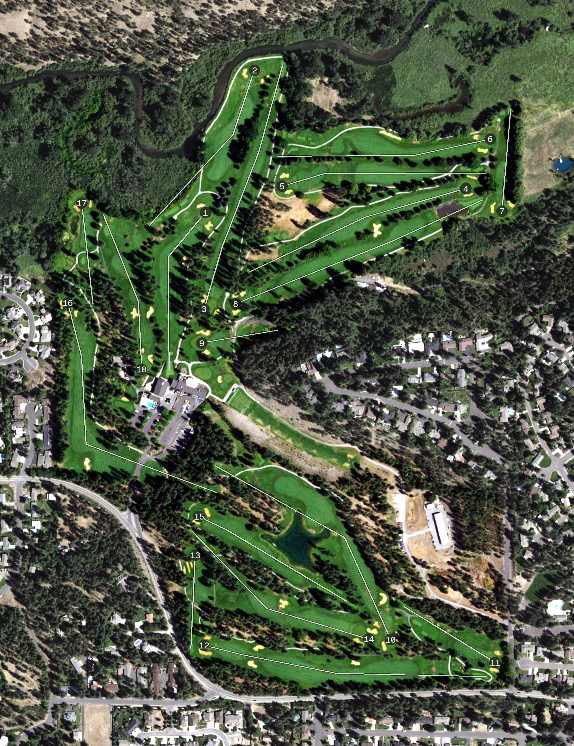 Aerial view of Kalispel Golf and Country Club, WA, with its hole routing marked