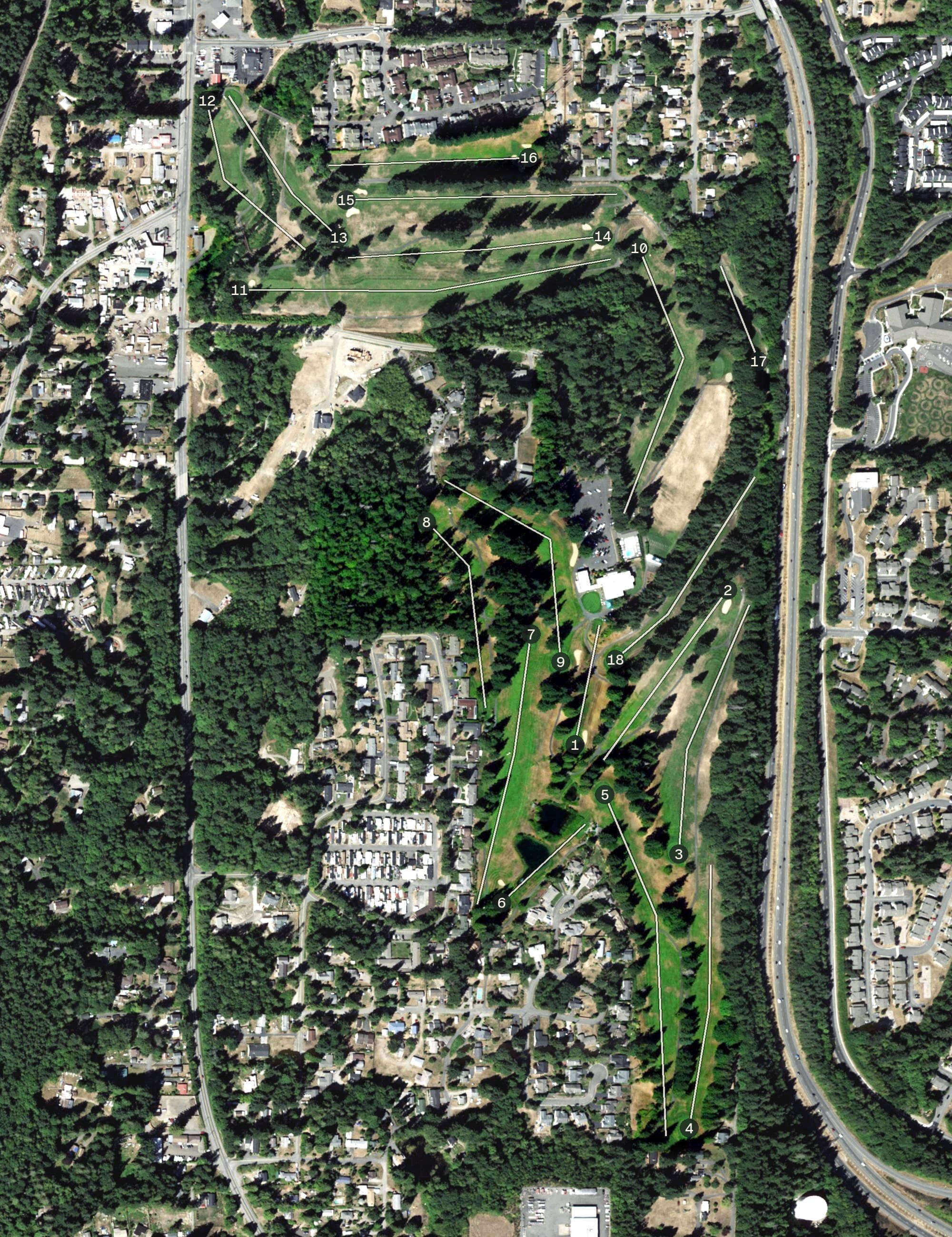 Aerial view of Kitsap Golf & Country Club, WA, with its hole routing marked