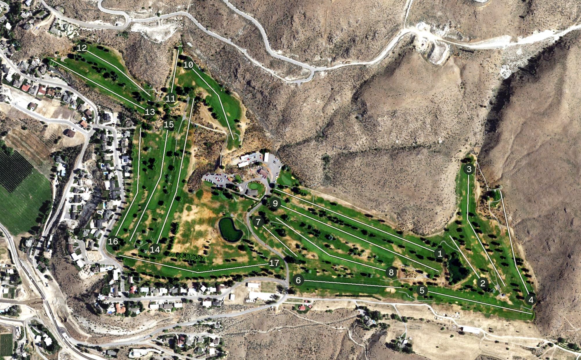 Aerial view of Lake Chelan Golf Course, WA, with its hole routing marked