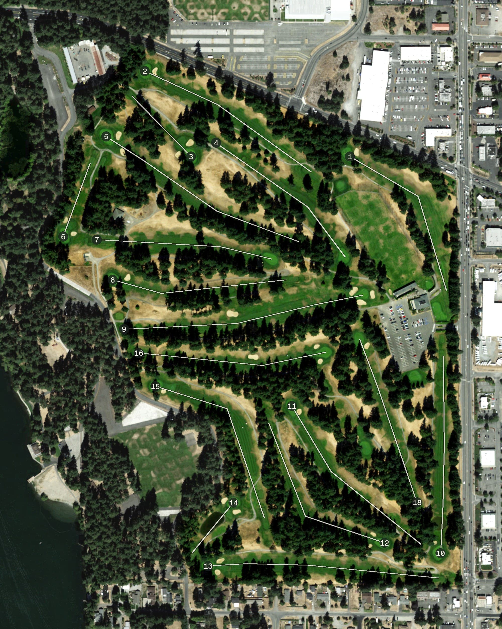 Aerial view of Lake Spanaway Golf Course, WA, with its hole routing marked