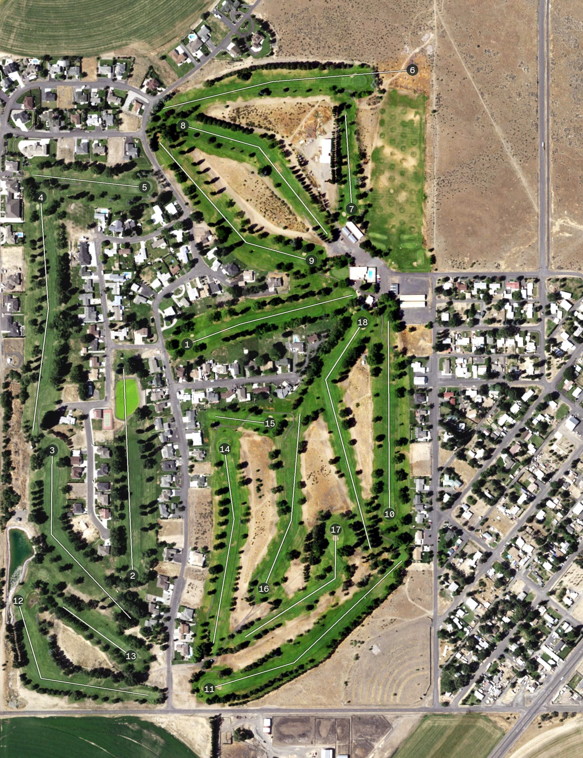 Aerial view of Lakeview Golf & Country Club, WA, with its hole routing marked