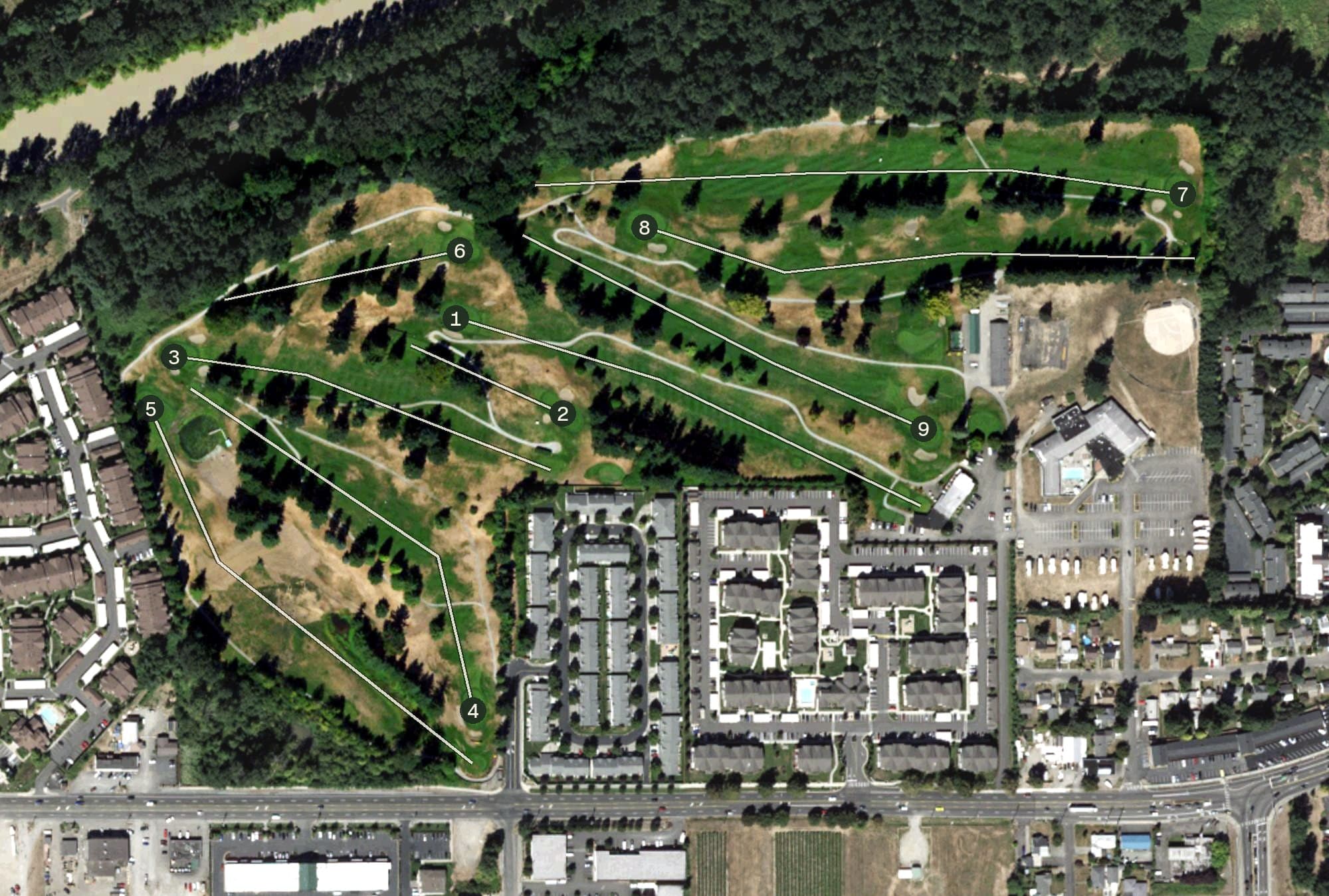 Aerial view of Linden Golf & Country Club, WA, with its hole routing marked