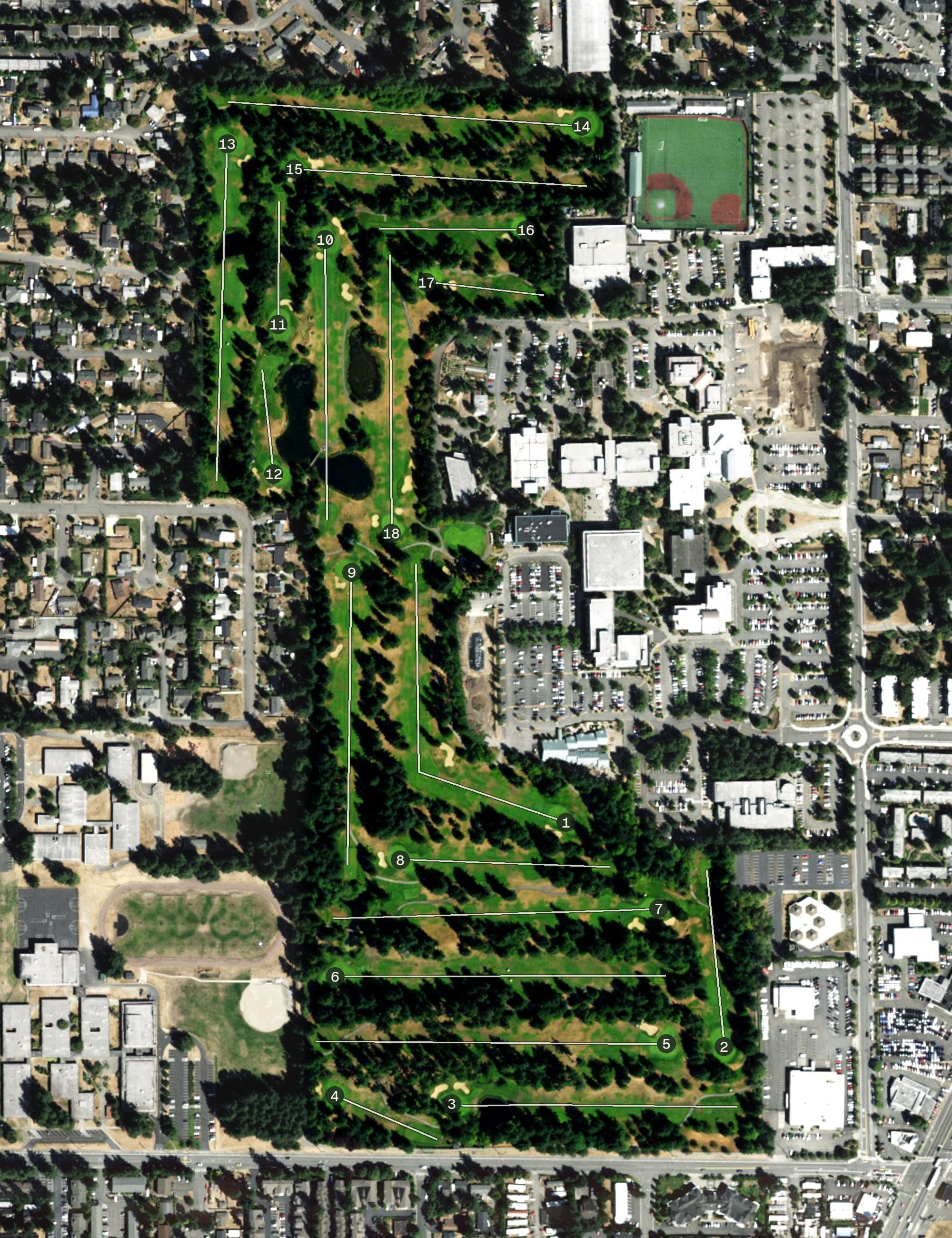 Aerial view of Lynnwood Municipal Golf Course, WA, with its hole routing marked