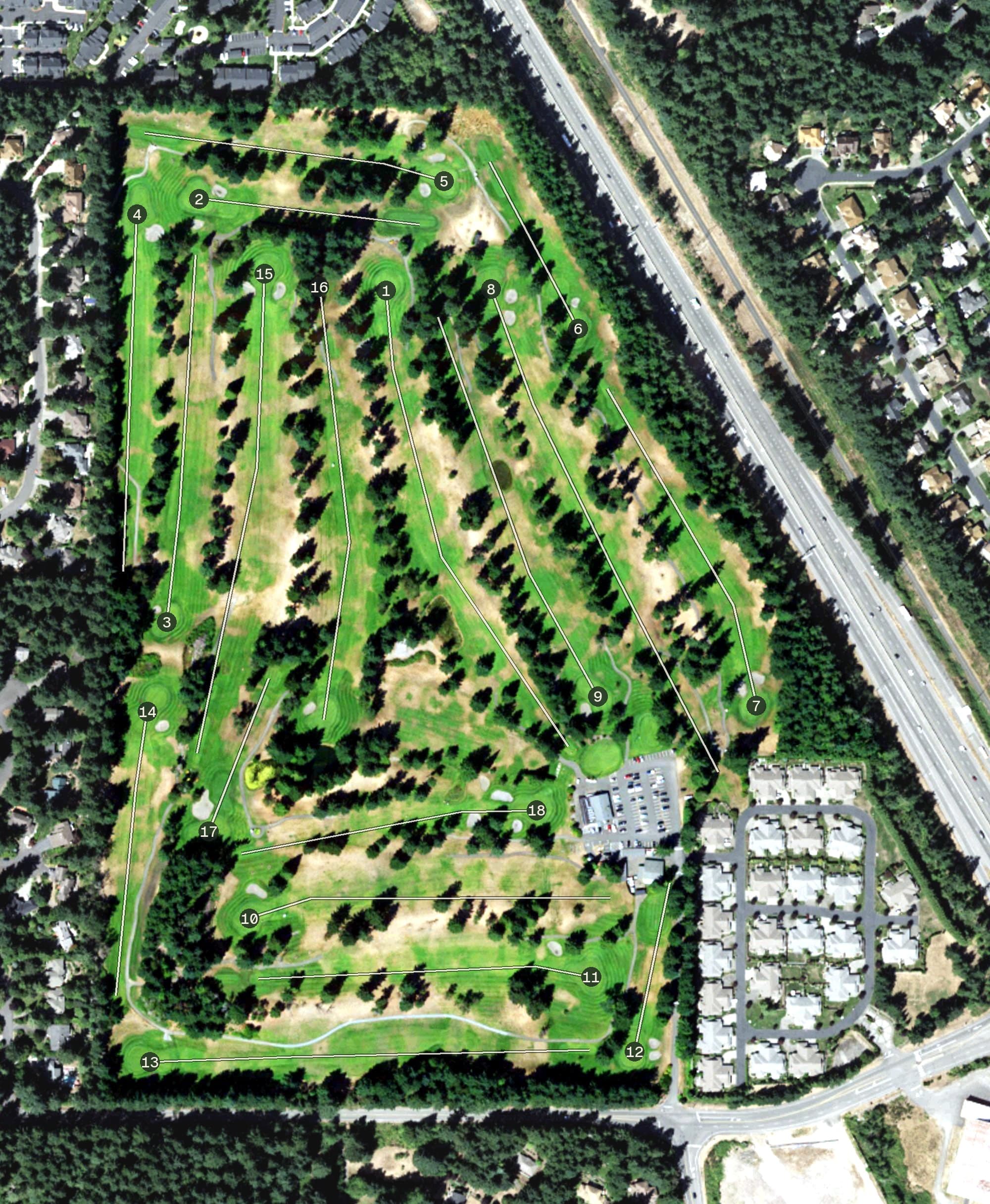 Aerial view of Madrona Links Golf Course, WA, with its hole routing marked