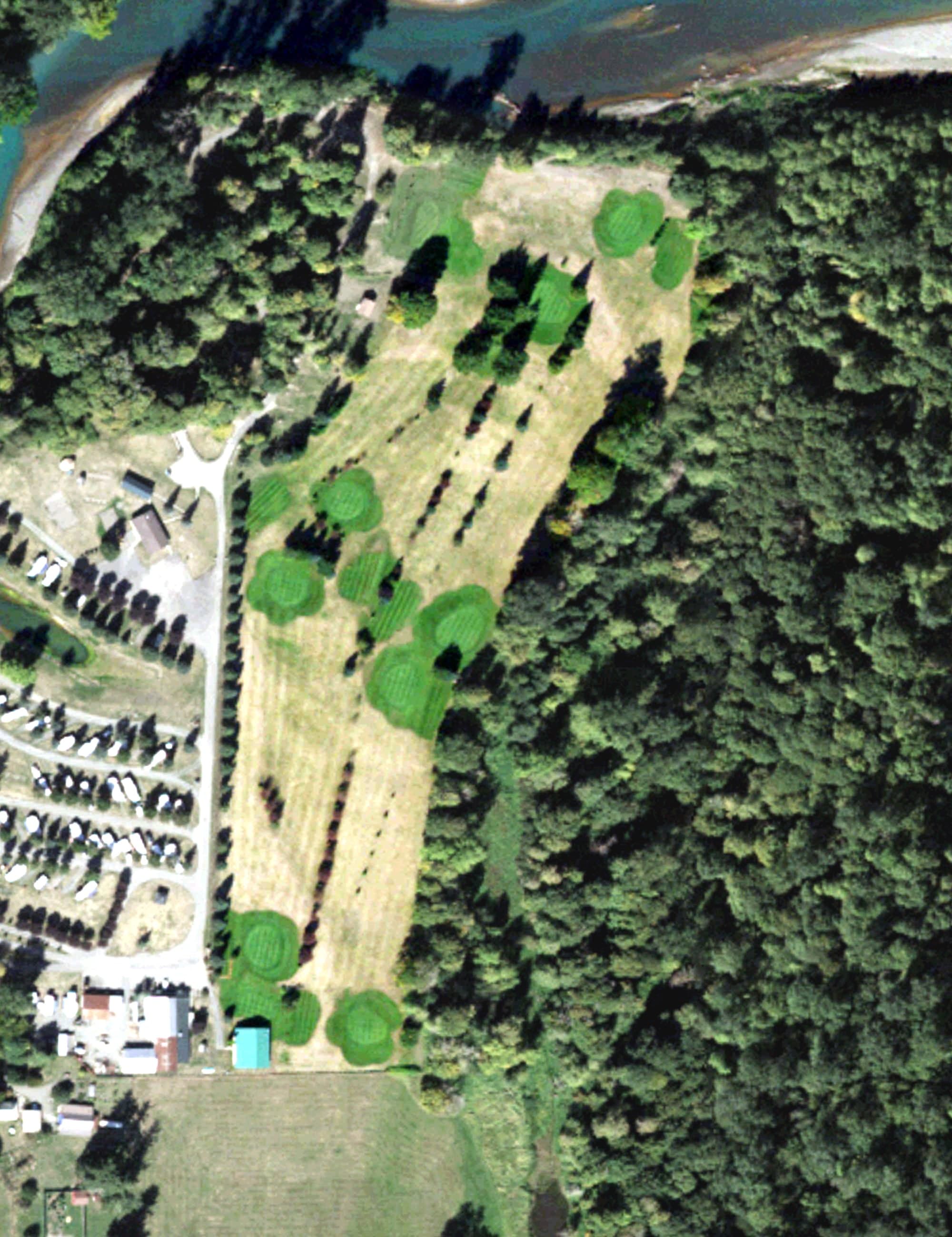 Aerial view of Maple Grove Golf, WA, with its hole routing marked