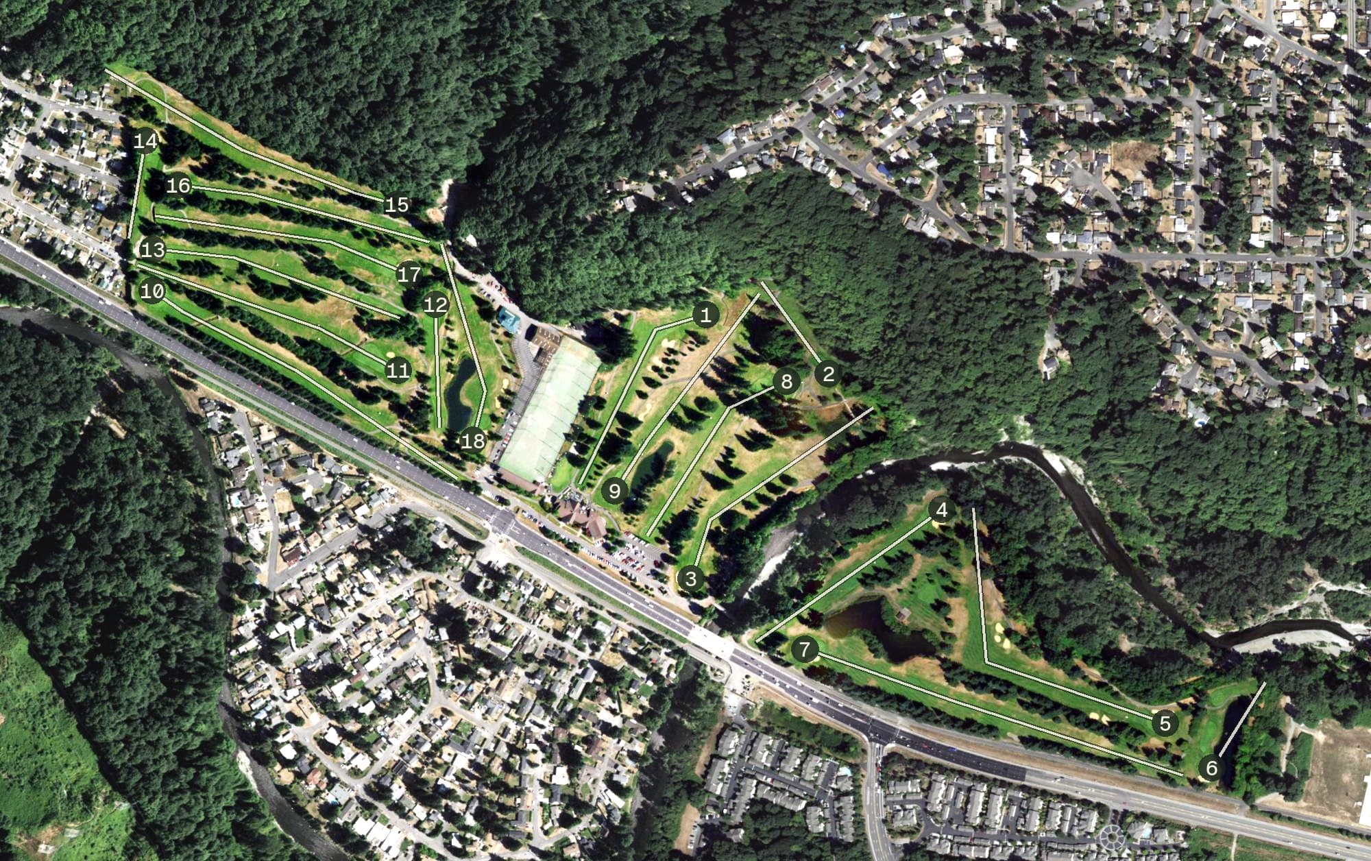 Aerial view of Maplewood Golf Course, WA, with its hole routing marked