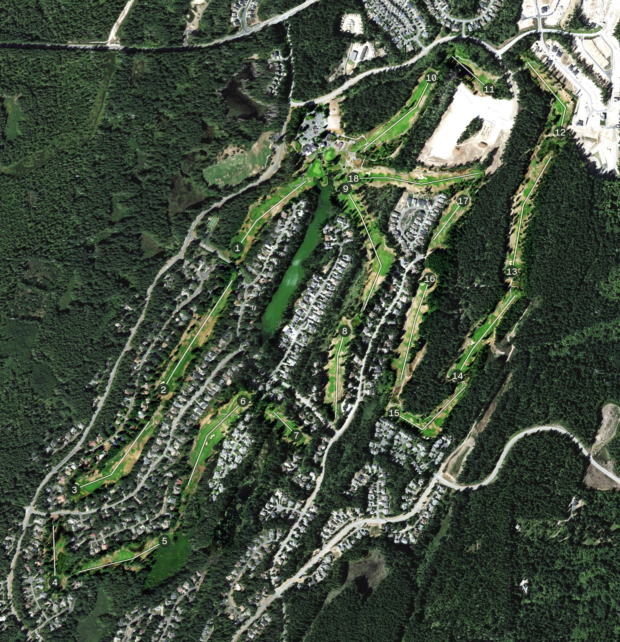 Aerial view of McCormick Woods Golf Club, WA, with its hole routing marked