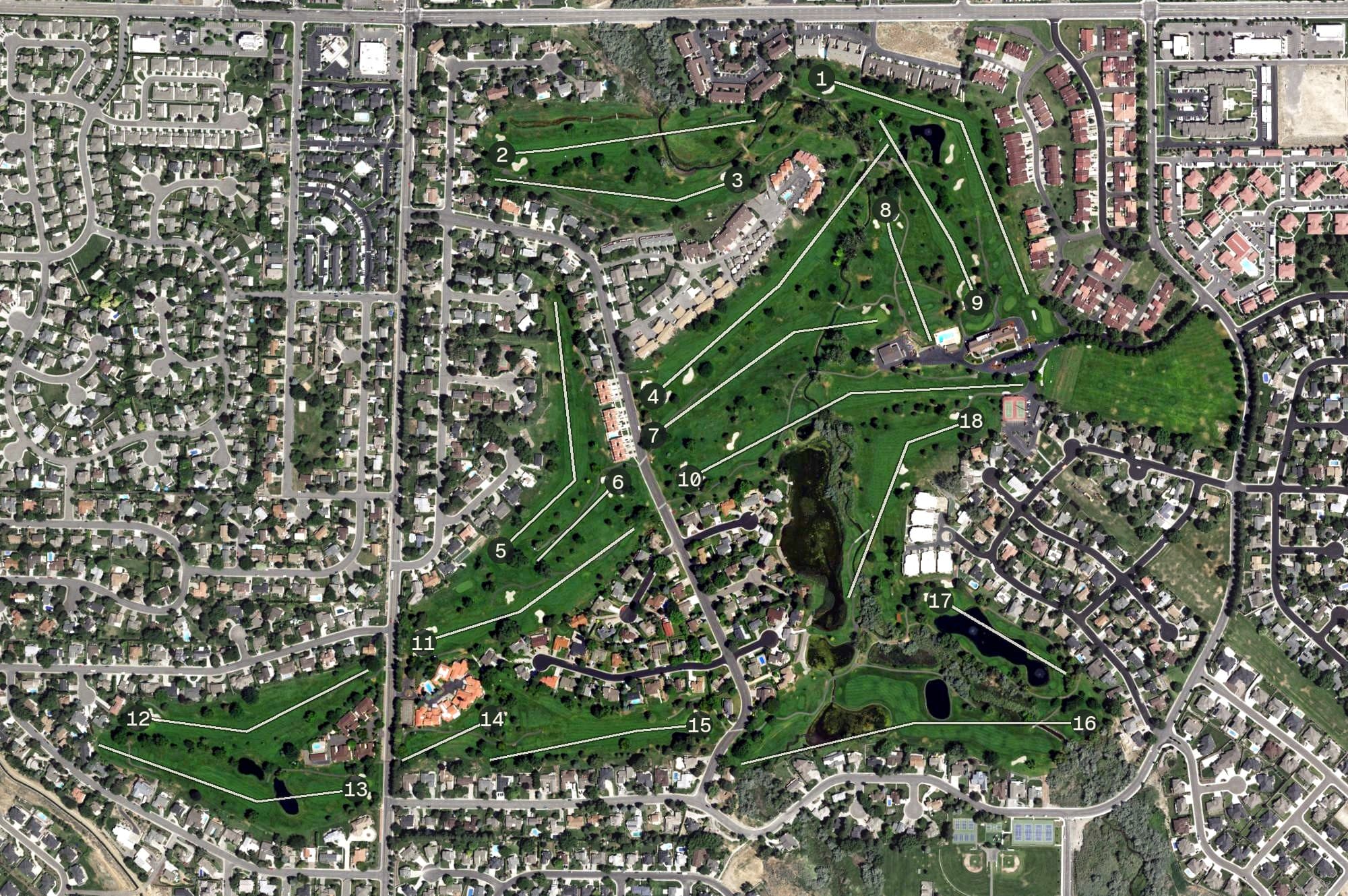 Aerial view of Meadow Springs Country Club, WA, with its hole routing marked