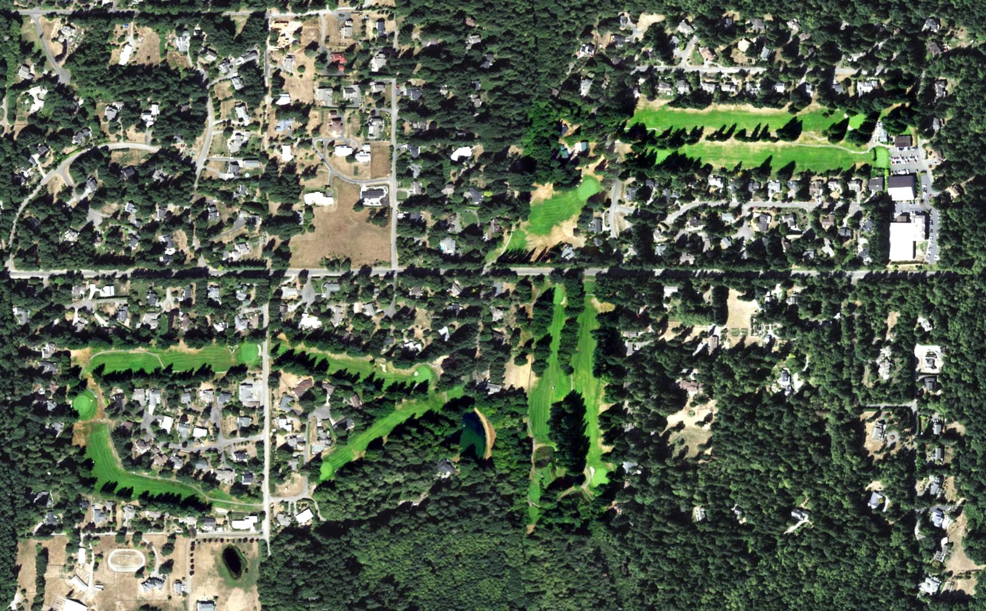 Aerial view of Meadowmeer Golf & Country Club, WA, with its hole routing marked
