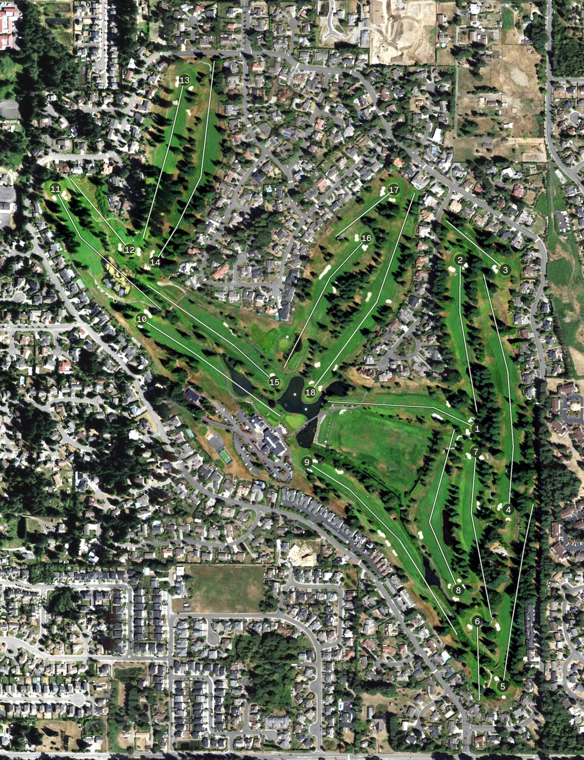 Aerial view of Meridian Valley Country Club, WA, with its hole routing marked