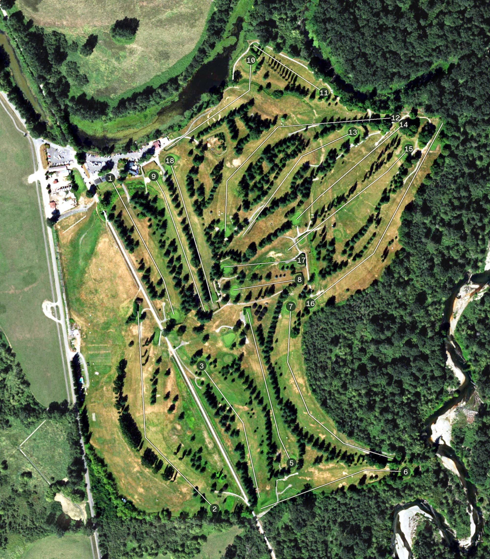 Aerial view of Mount Si Golf Course, WA, with its hole routing marked