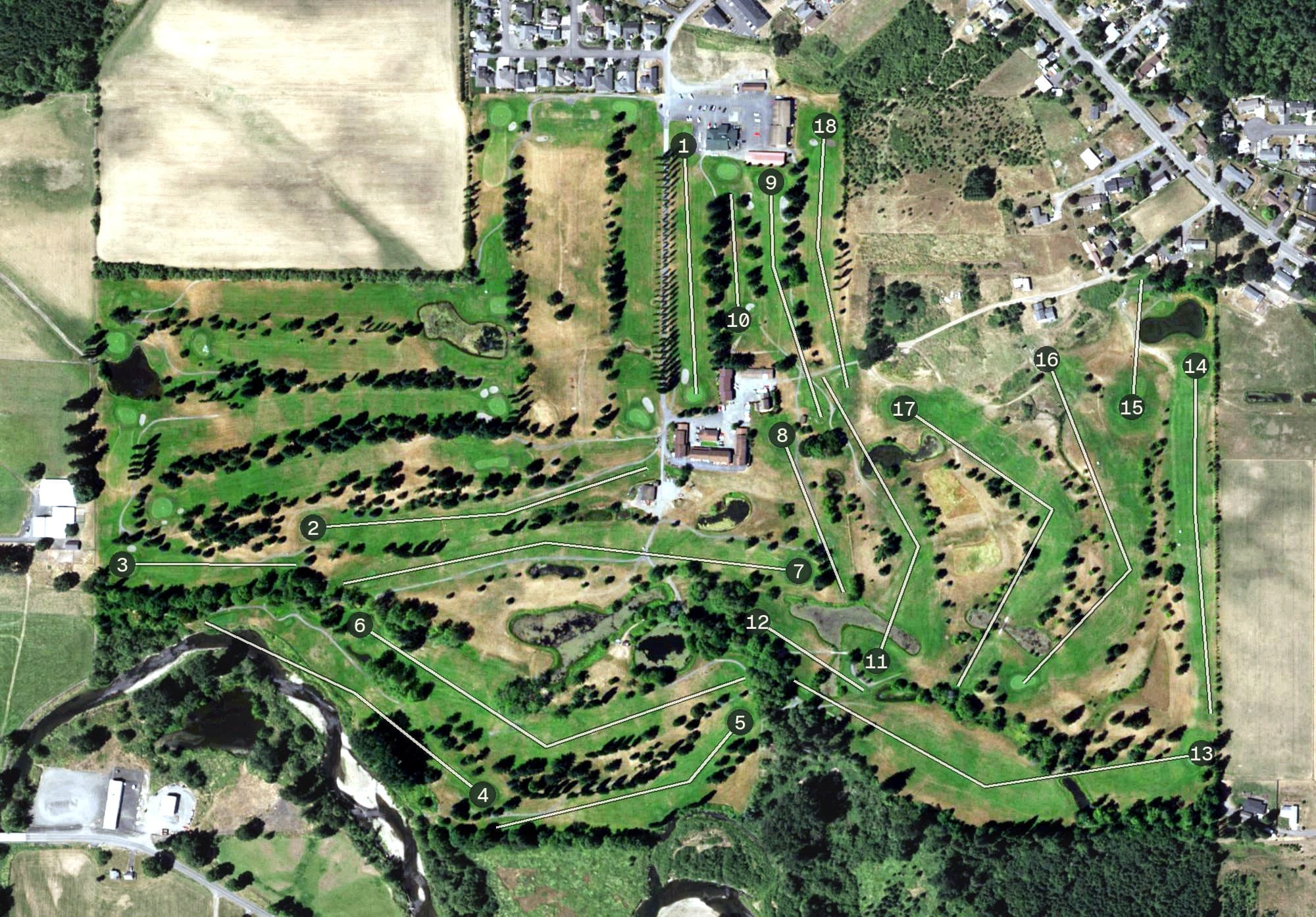 Aerial view of Newaukum Valley Golf Course, WA, with its hole routing marked