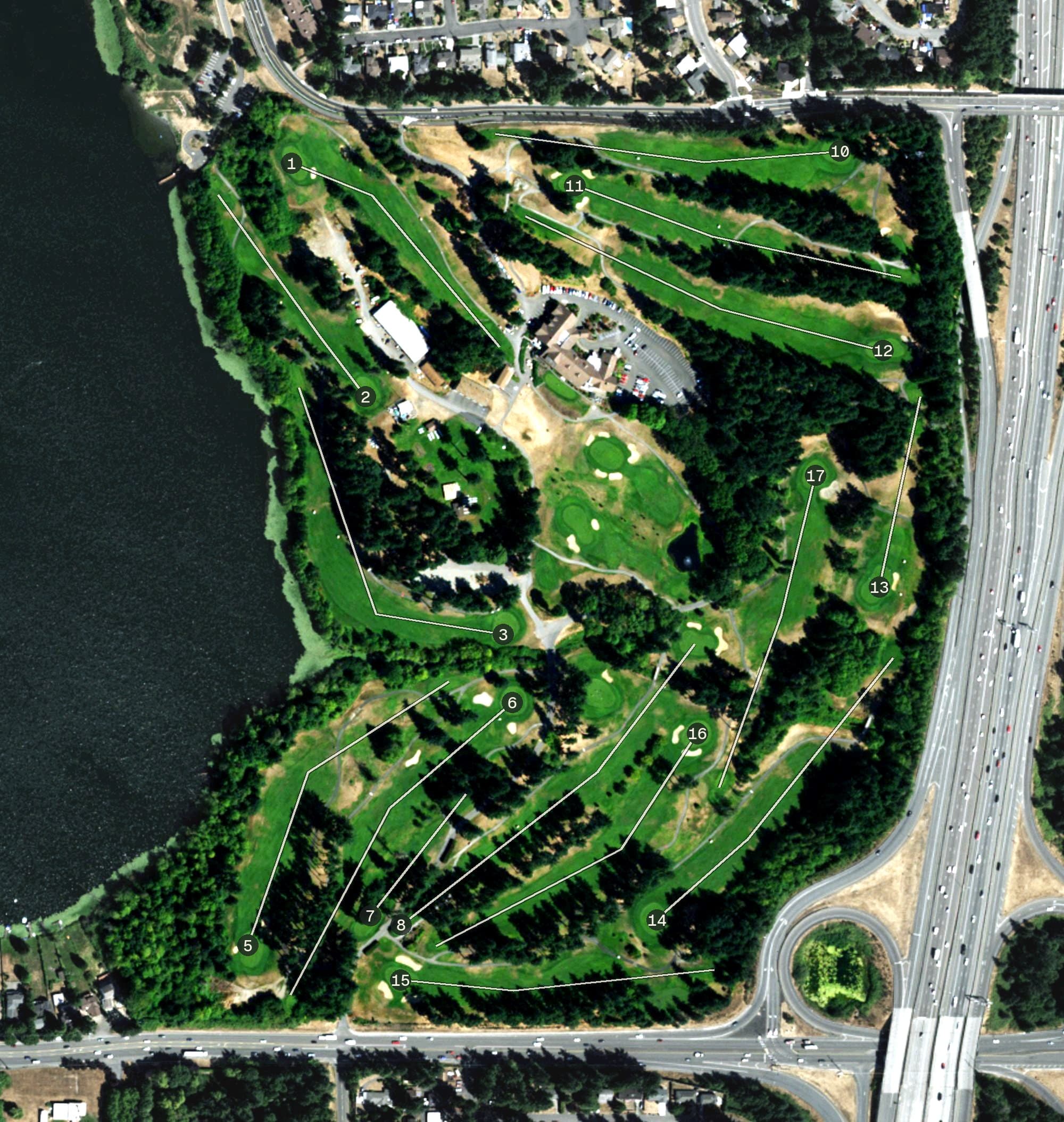 Aerial view of Nile Shrine Golf Course, WA, with its hole routing marked