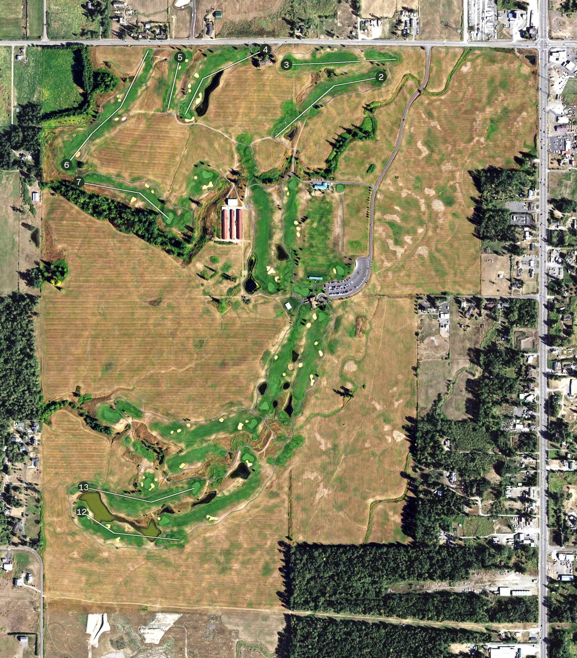 Aerial view of North Bellingham Golf Course, WA, with its hole routing marked