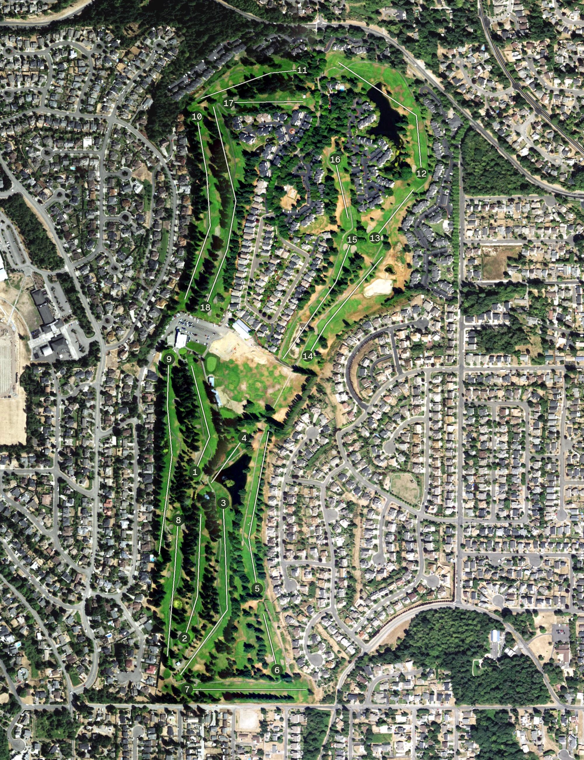 Aerial view of Northshore Golf Course, WA, with its hole routing marked