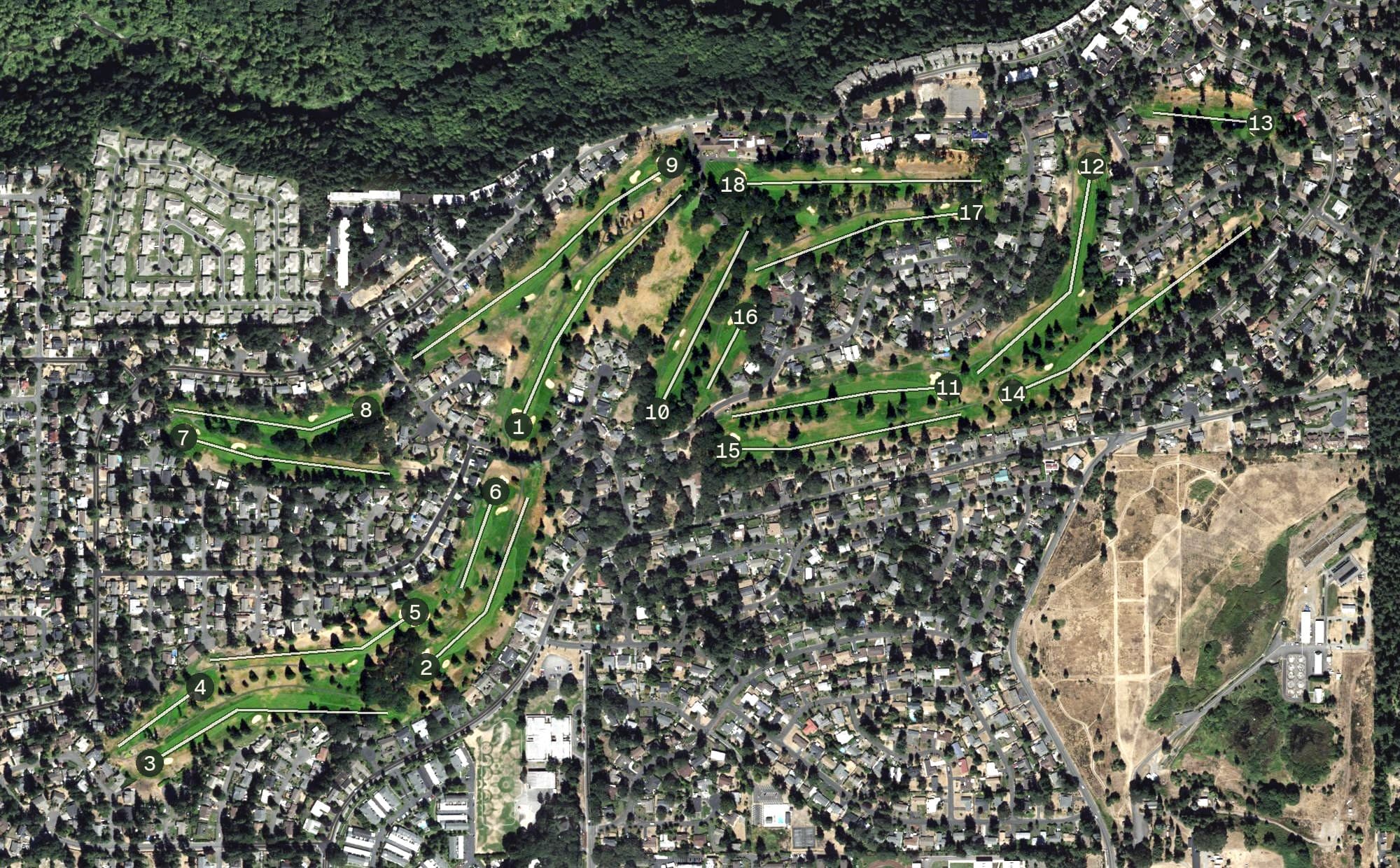 Aerial view of Oakbrook Golf & Country Club, WA, with its hole routing marked