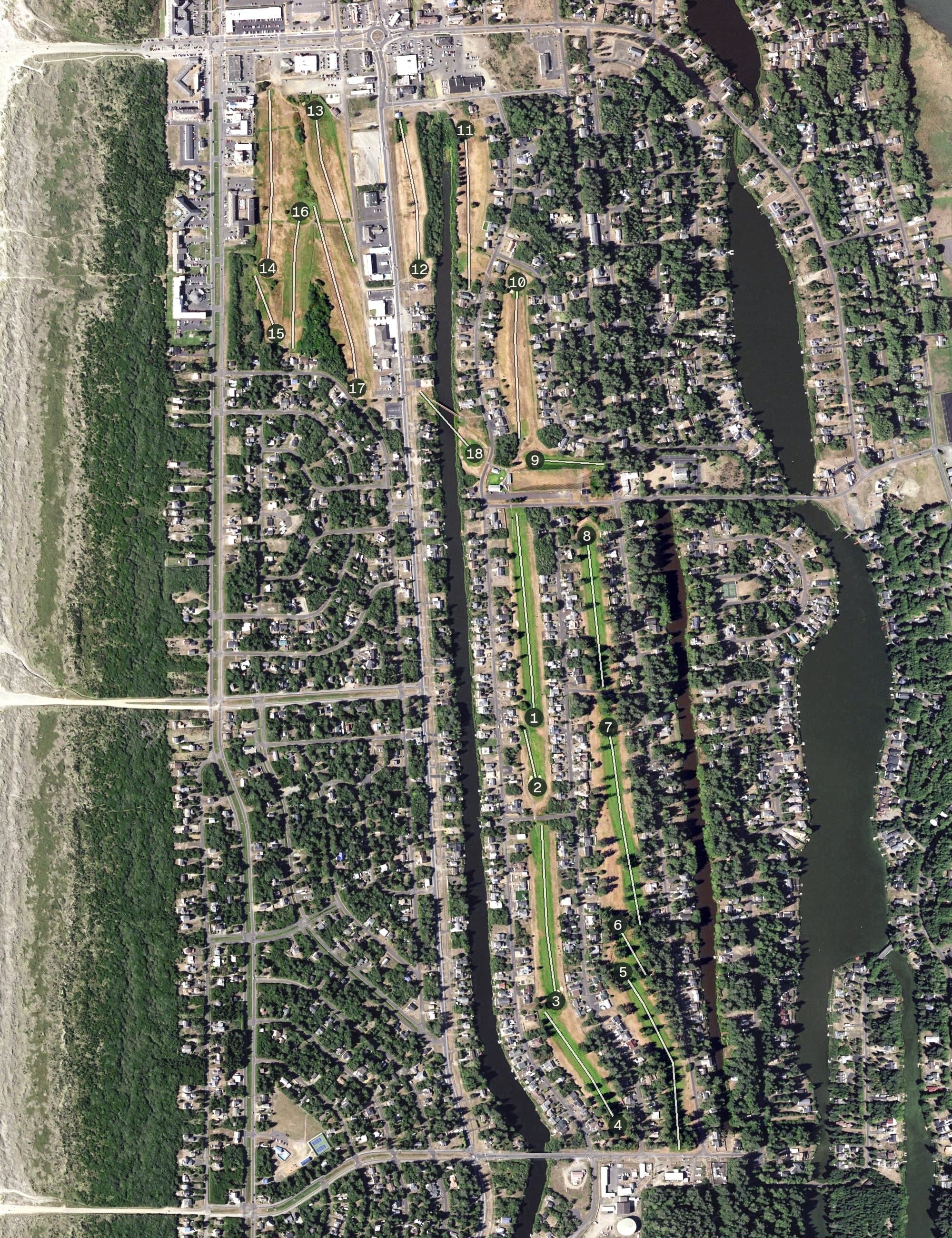 Aerial view of Ocean Shores Golf Course, WA, with its hole routing marked