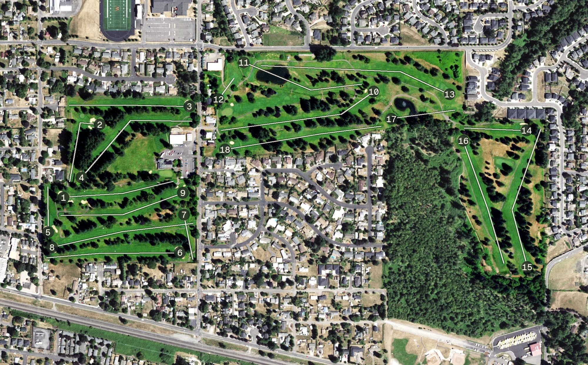 Aerial view of Orchard Hills Golf Course, WA, with its hole routing marked