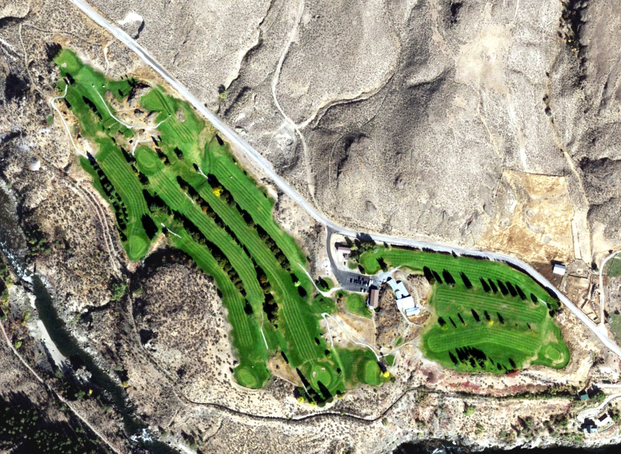 Aerial view of Oroville Golf Club, WA, with its hole routing marked