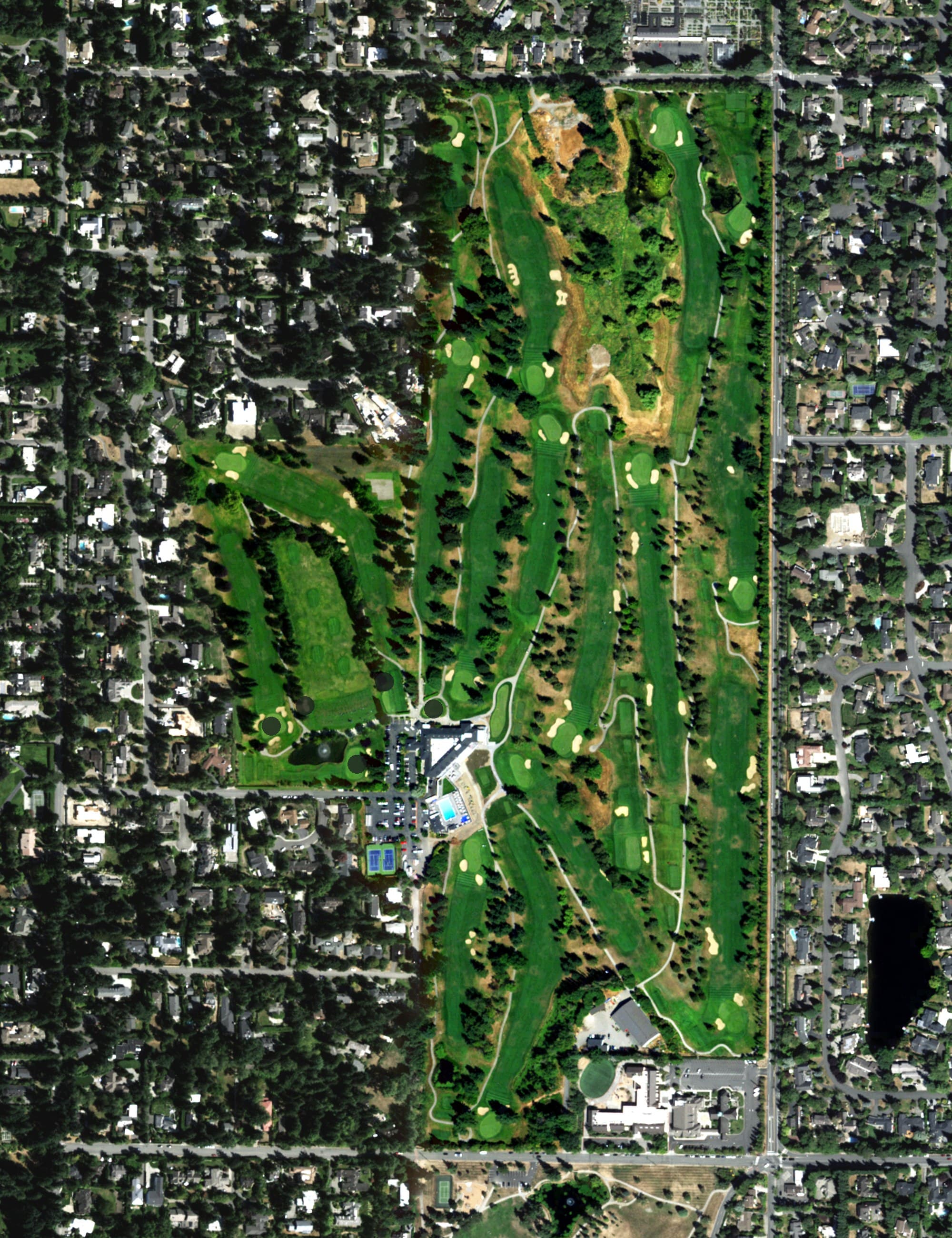 Aerial view of Overlake Golf & Country Club, WA, with its hole routing marked