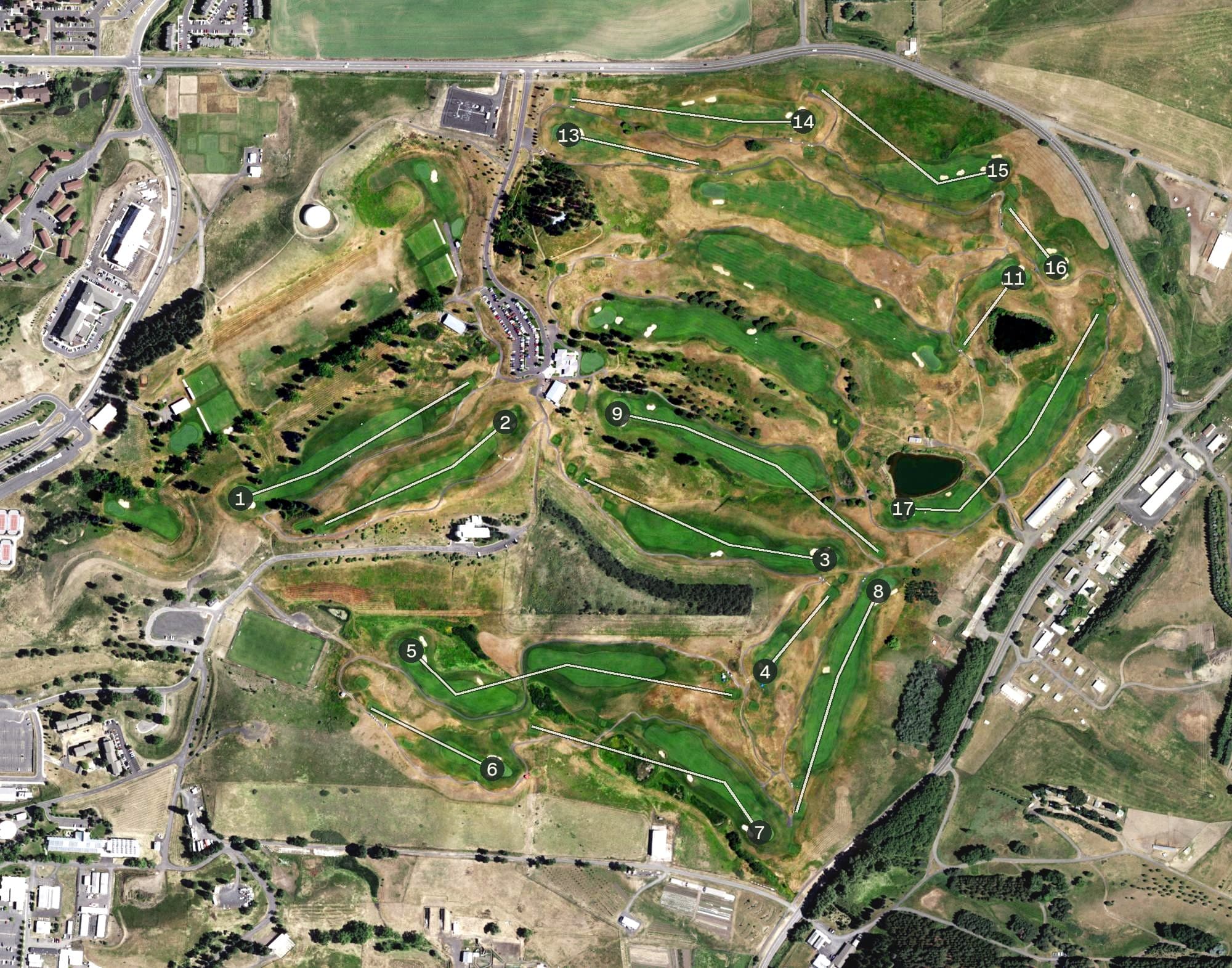Aerial view of Palouse Ridge Golf Course, WA, with its hole routing marked