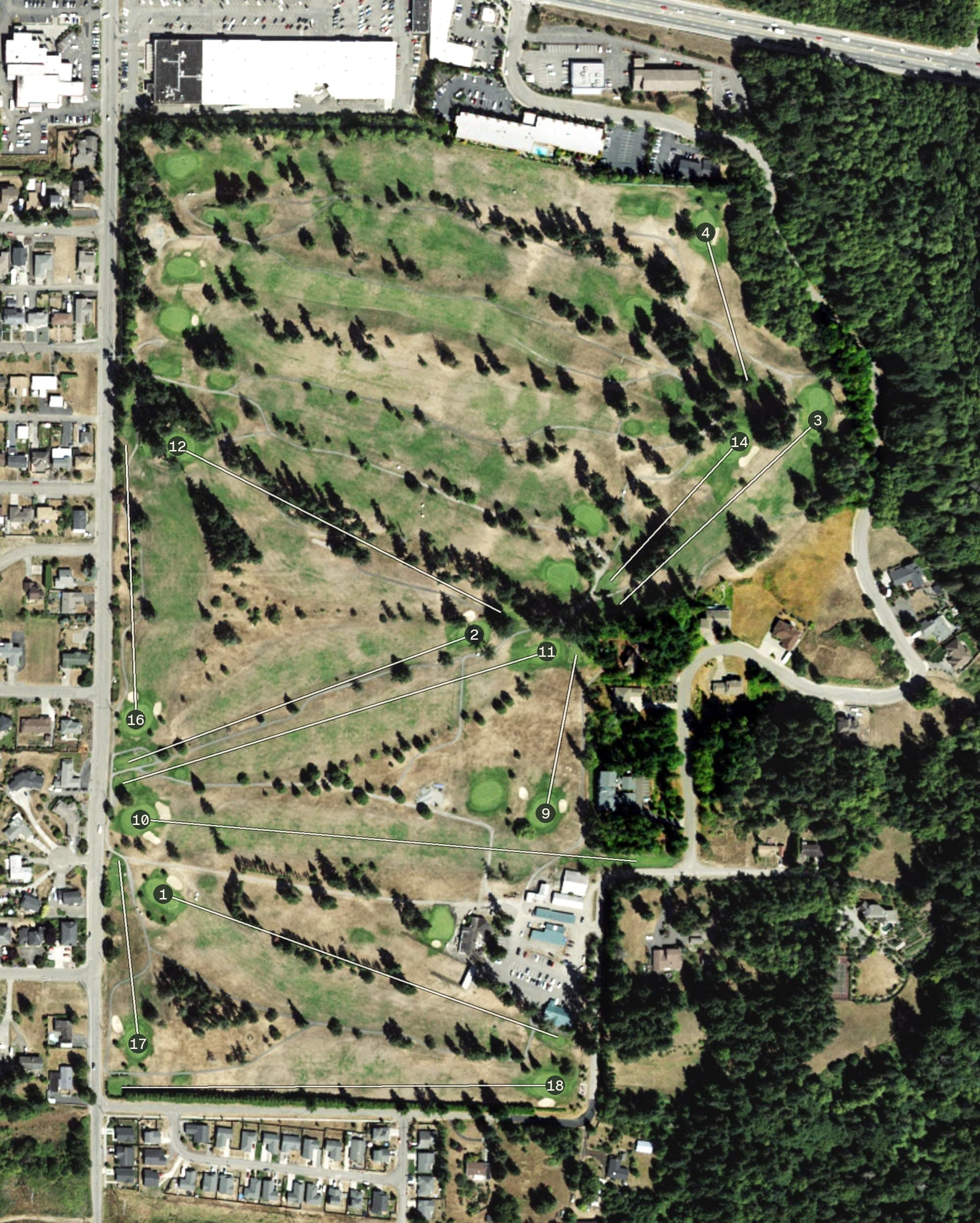 Aerial view of Peninsula Golf Club, WA, with its hole routing marked