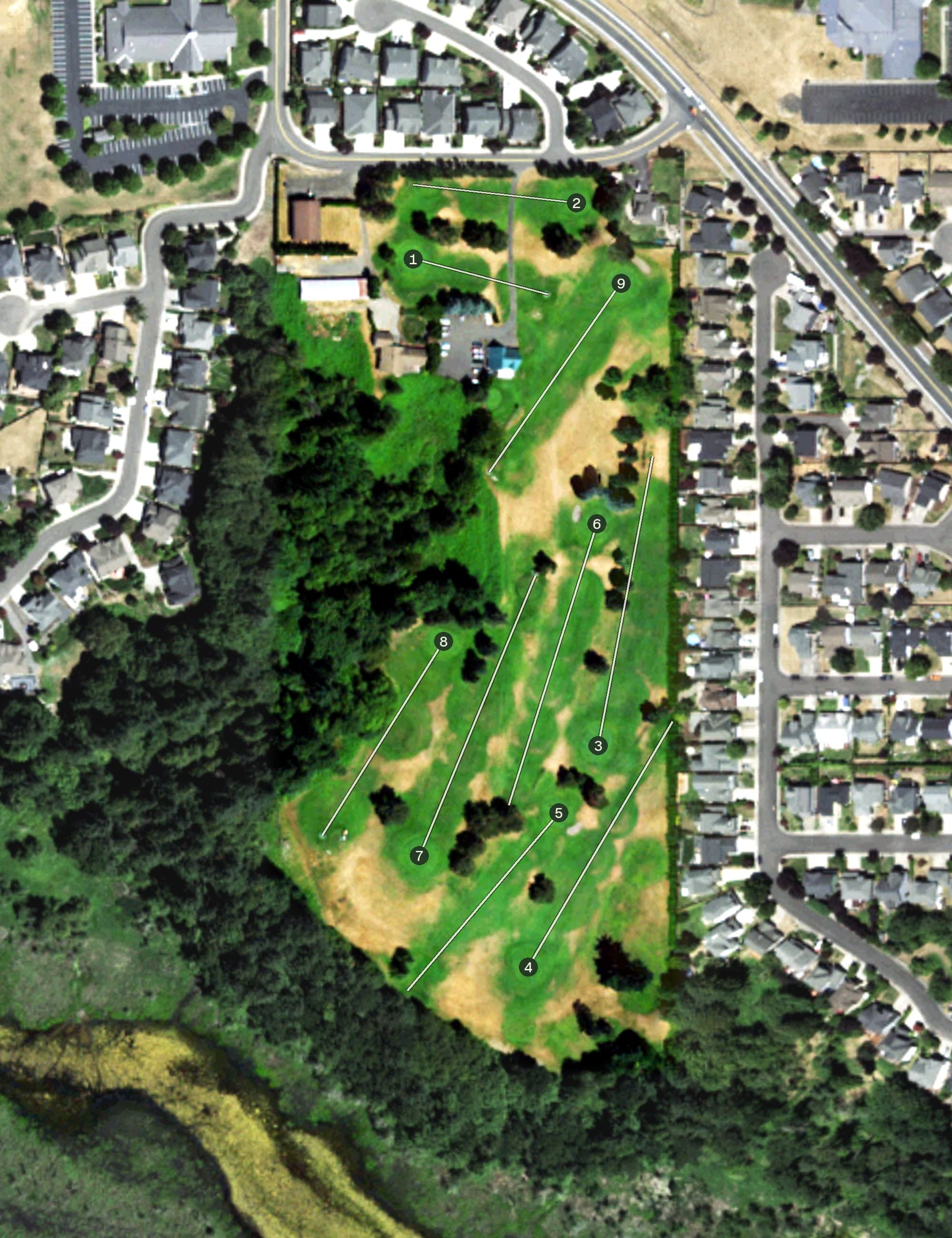 Aerial view of Pine Crest Golf Course, WA, with its hole routing marked
