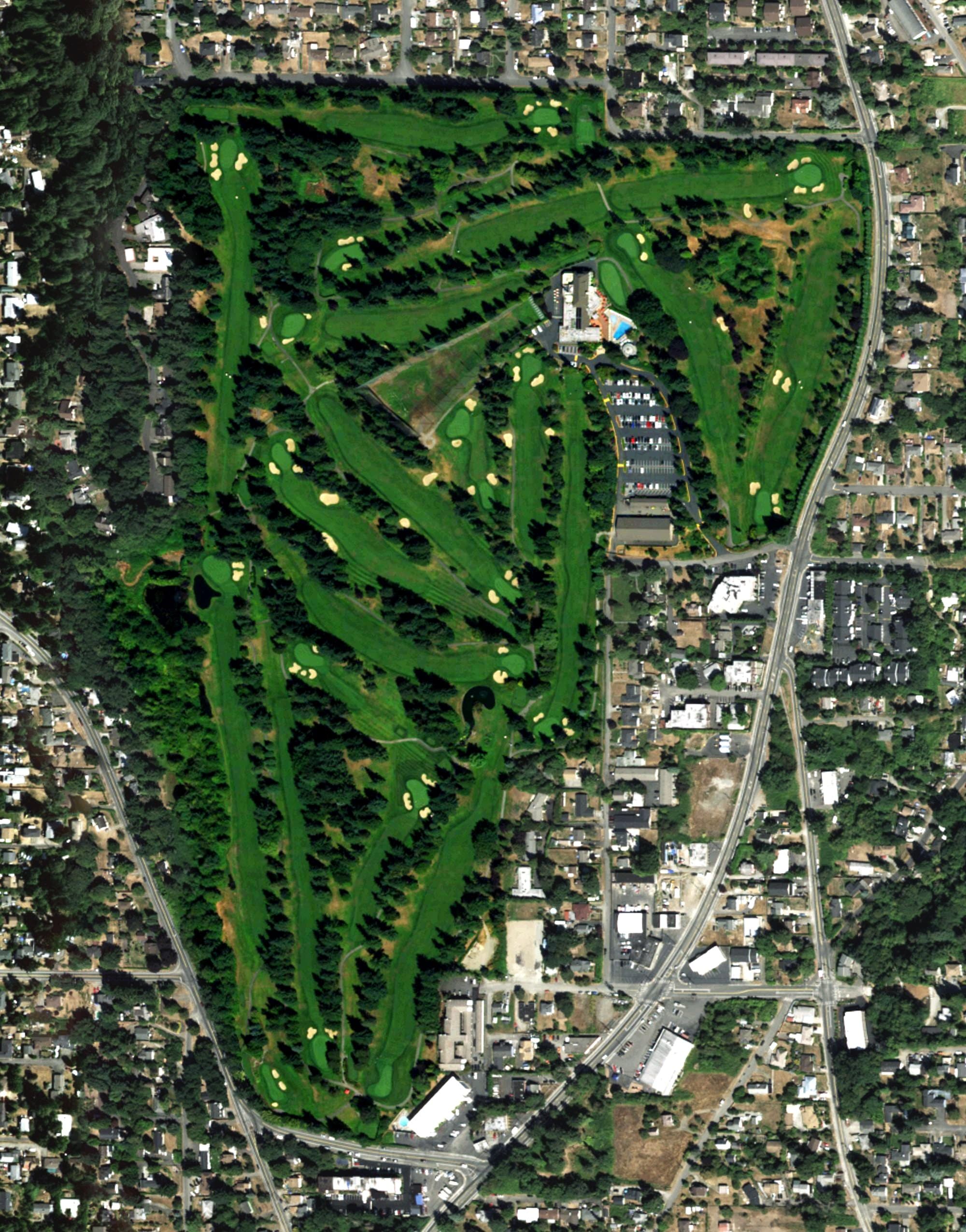 Aerial view of Rainier Golf & Country Club, WA, with its hole routing marked