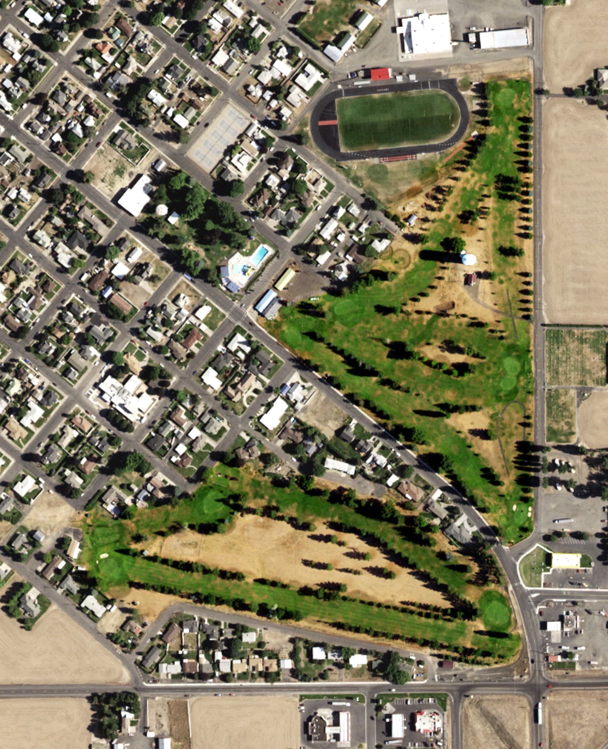 Aerial view of Ritzville Golf Course, WA, with its hole routing marked