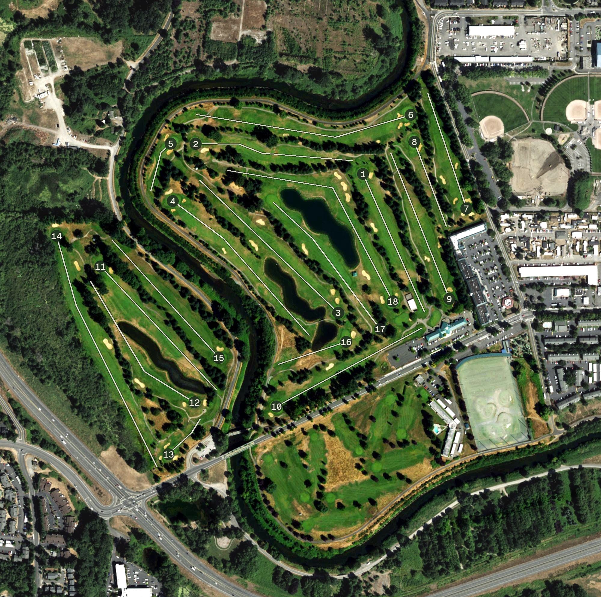 Aerial view of Riverbend Golf Complex, WA, with its hole routing marked