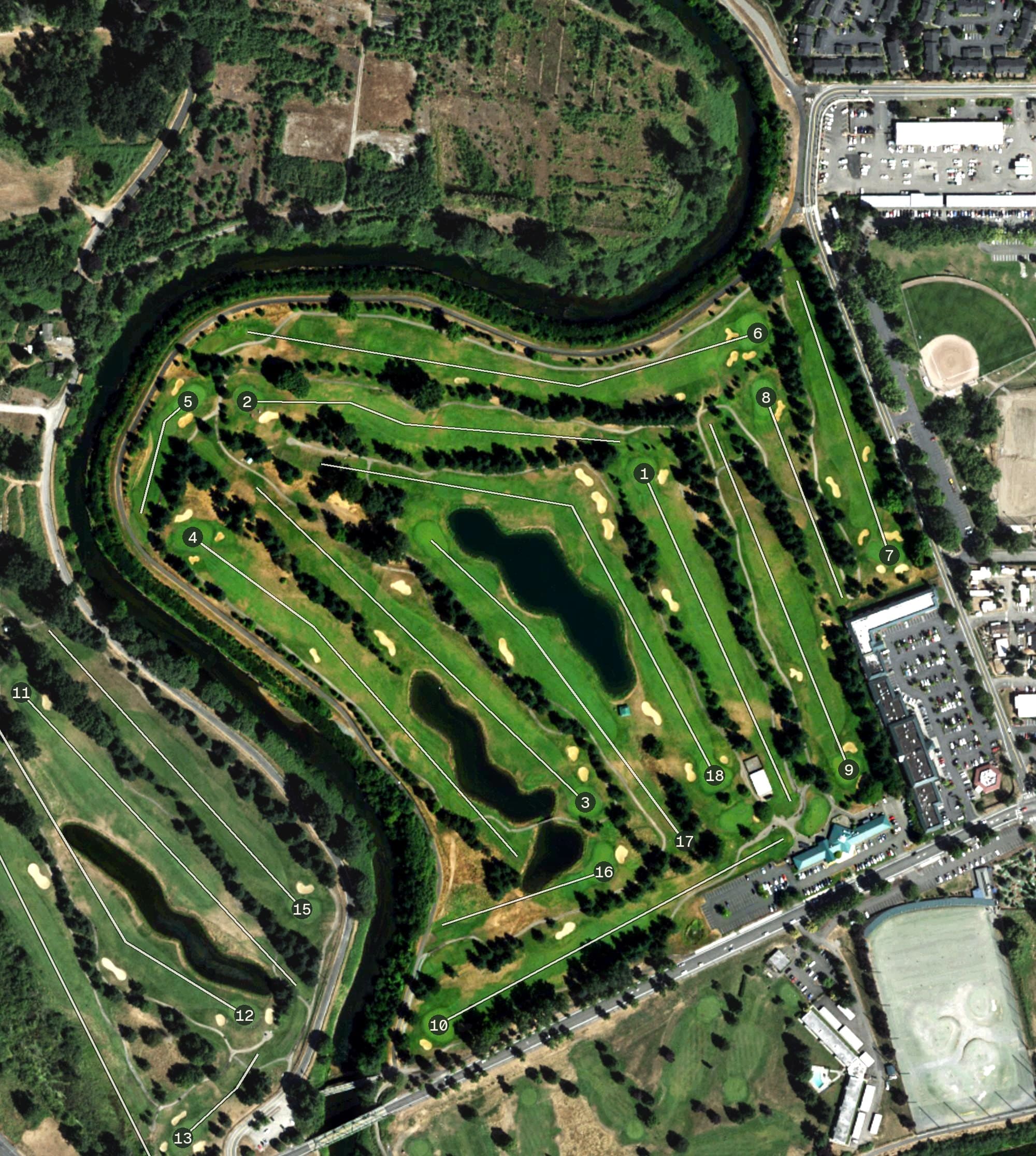 Aerial view of Riverbend Golf Course, WA, with its hole routing marked