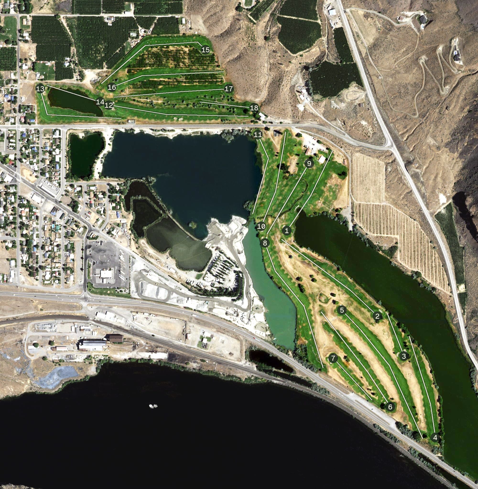 Aerial view of Rock Island Golf Course, WA, with its hole routing marked