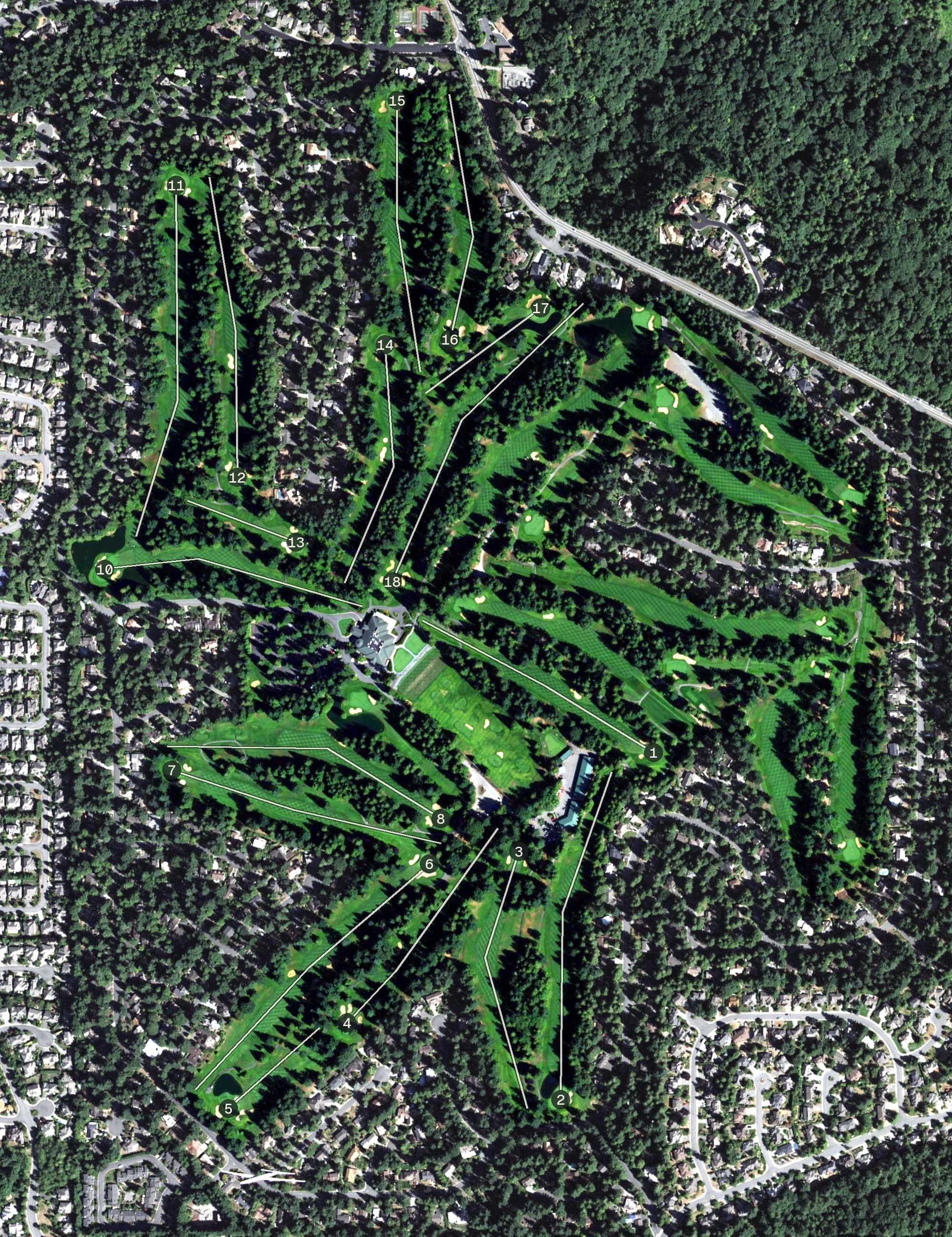 Aerial view of Sahalee Country Club, WA, with its hole routing marked