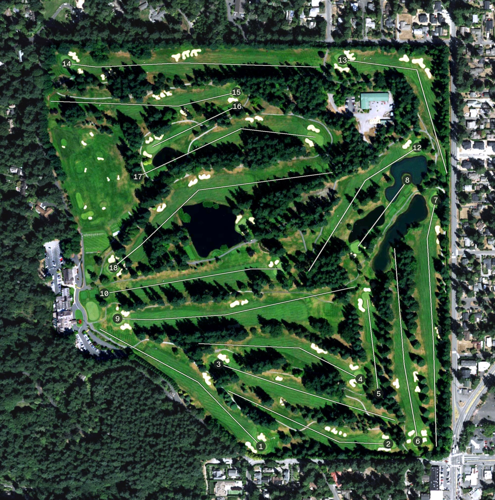 Aerial view of Seattle Golf Club, WA, with its hole routing marked