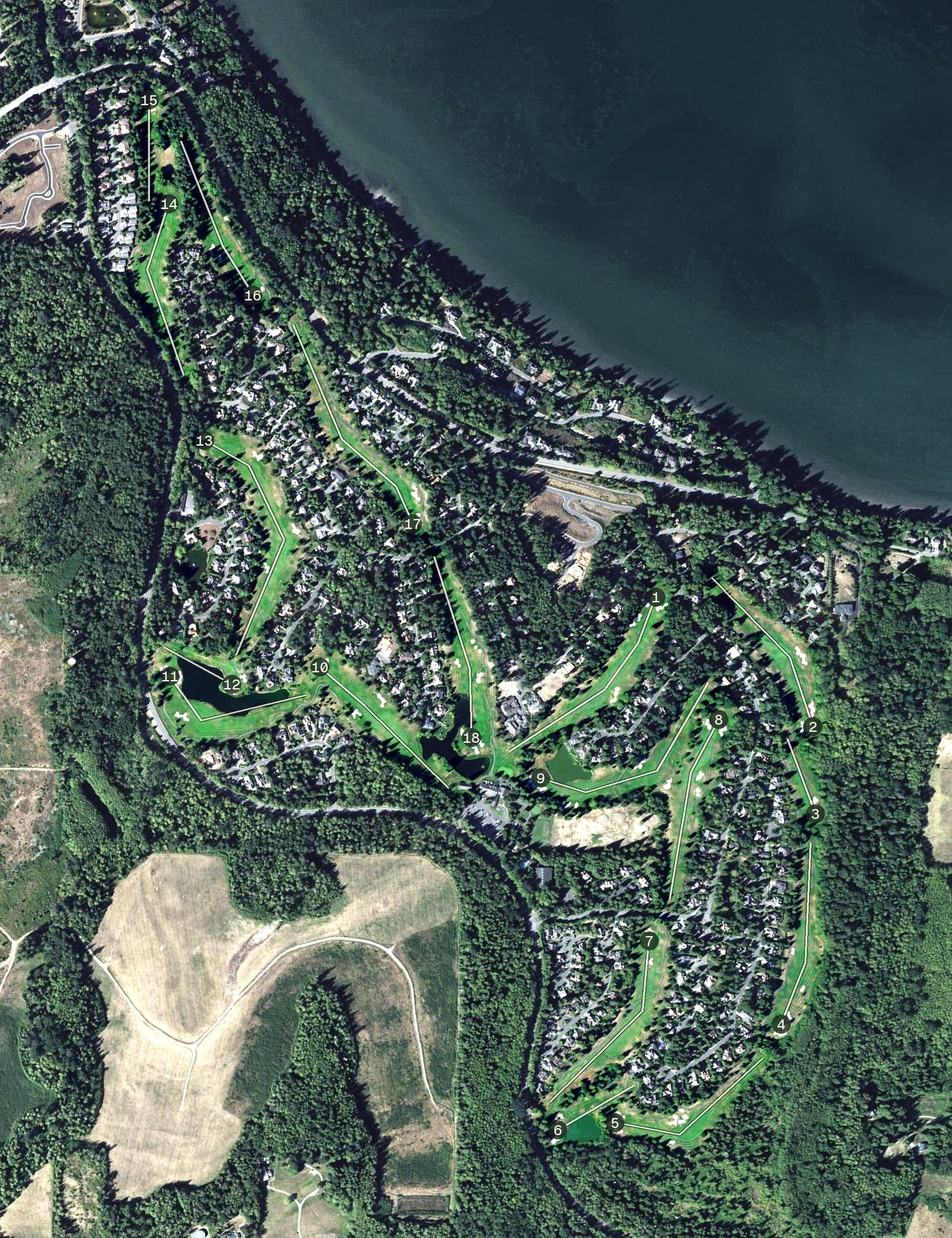 Aerial view of Semiahmoo Golf & Country Club, WA, with its hole routing marked