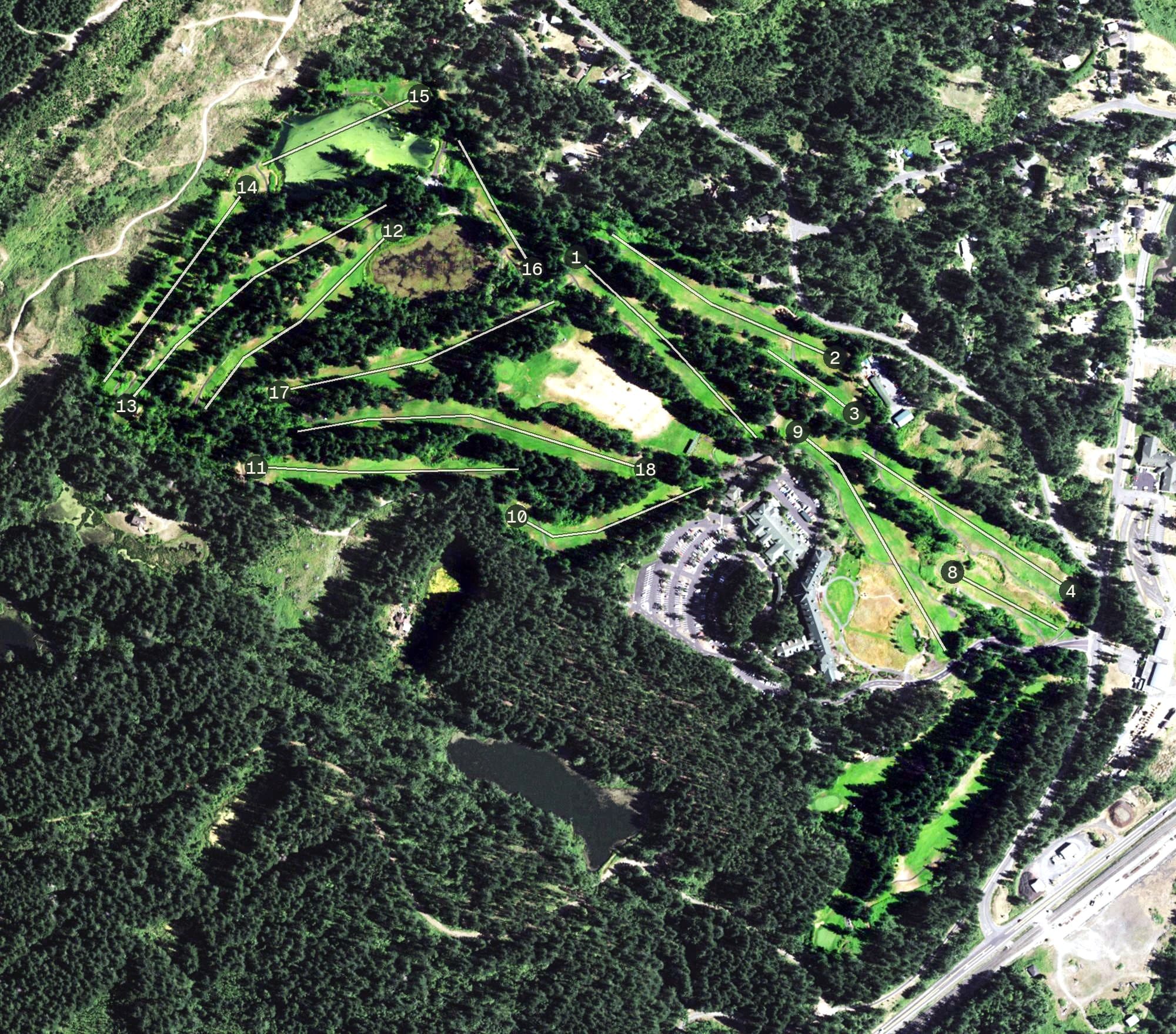 Aerial view of Skamania Lodge Golf Course, WA, with its hole routing marked