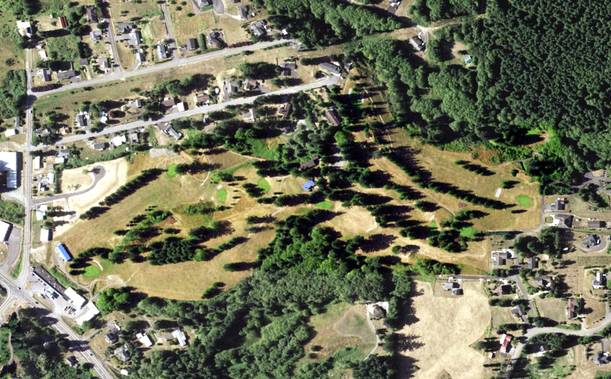 Aerial view of Skyline Golf Course, WA, with its hole routing marked